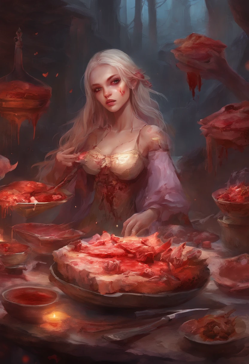 a rotten zombie girl is eating alot of bloody meat