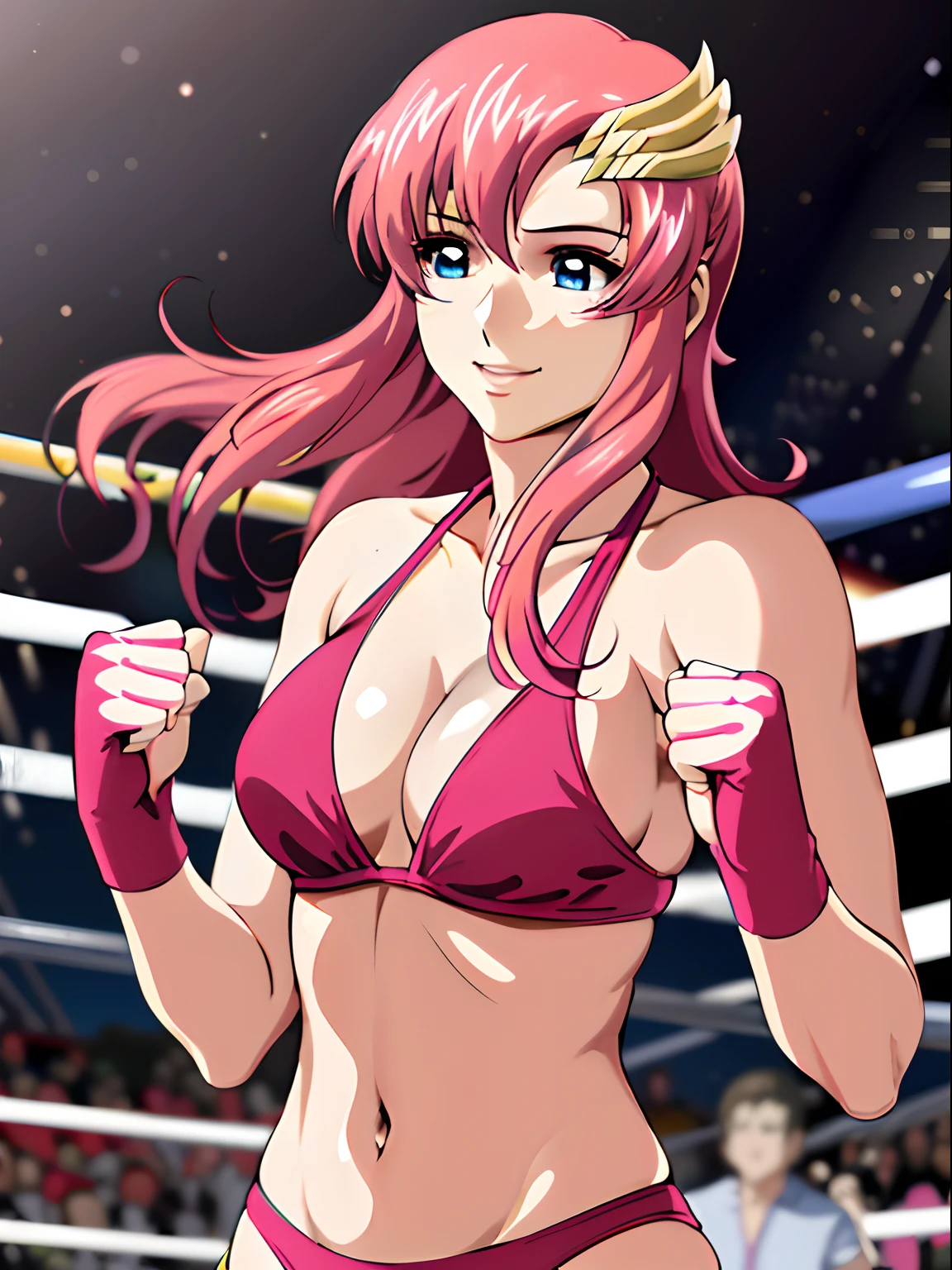 (masterpiece, upper body view, 4K, Best Quality, Anime style: 1.9, , tall, Adult Woman, ultra detailed face, (fighting), Drawing lines, high resolution, Anime, lacus4), 1girl, Solo, curvy figure, Long hair, 鎖骨, scapular, (Detailed wide hair bangs, Hair Ornament, Detailed reddish-pink hair), cleavage, large hands, (female wrestler). (Big blue eyes, shiny eyes), ((closed fists, broad shoulders)), ((medium breasts, long belly)), (((bikini, pink wrestling gear))), happy, smile, stretching
