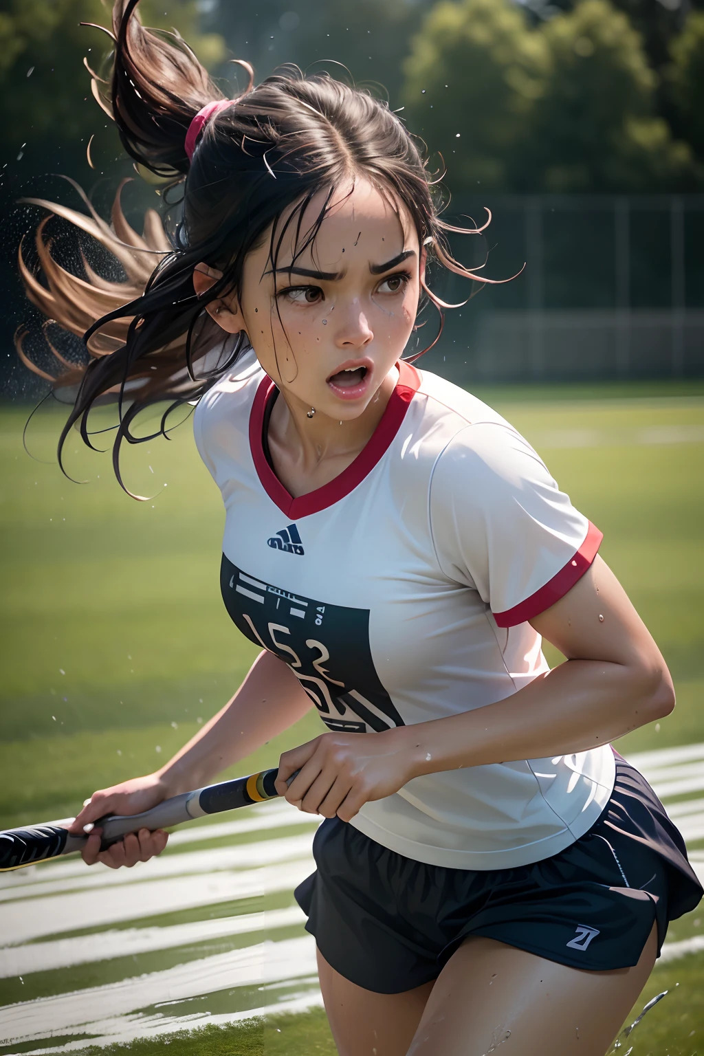 (best quality, highres:1.2, ultra-detailed, realistic:1.37), vibrant colors, dynamic lighting, rainy day, 2 girls, field hockey, wet hair, intense concentration, splashing water, action shots, grass stains, muddy ground, wet turf, determination, fast-paced game, athletic physique, shiny hockey sticks, wet uniforms, raindrops, blurred movement, focus on the ball, intense competition, skillful dribbling, energetic play, teamwork, powerful shots, wet pitch, passionate sports, fierce determination, wet atmosphere, flowing movements, emotional expressions, challenging conditions, dramatic lighting, women's sport, dedicated athletes, exciting game, perseverance, adrenaline rush, speed and agility, spirited play, wet splashes