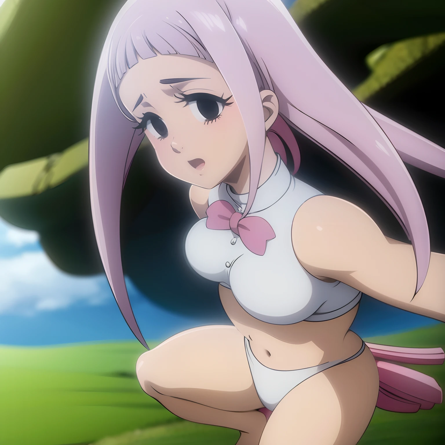 Make a melascula character art from the anime nanatsu no taizai wearing a white bikini, seios extras grandes, umbigo de fora barriga de fora, coxas brilhantes, em um rio, em uma bela floresta.