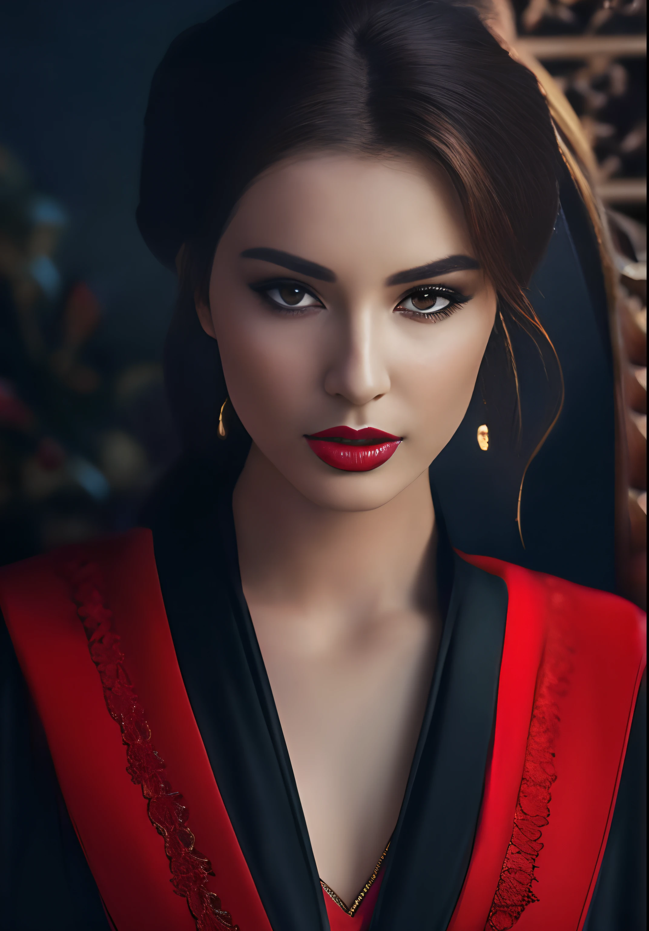 Arafed woman in a red and black robe with a gold necklace, portrait shot, soft portrait shot 8 k, 8k portrait rendering, a handsome female, portrait shot 8 k, beautiful portrait photo, photo of a beautiful woman, cgsociety portrait, beautiful portrait image, close up portrait shot, cinematic portrait, close up portrait shot, High Quality Portrait, stunning portrait