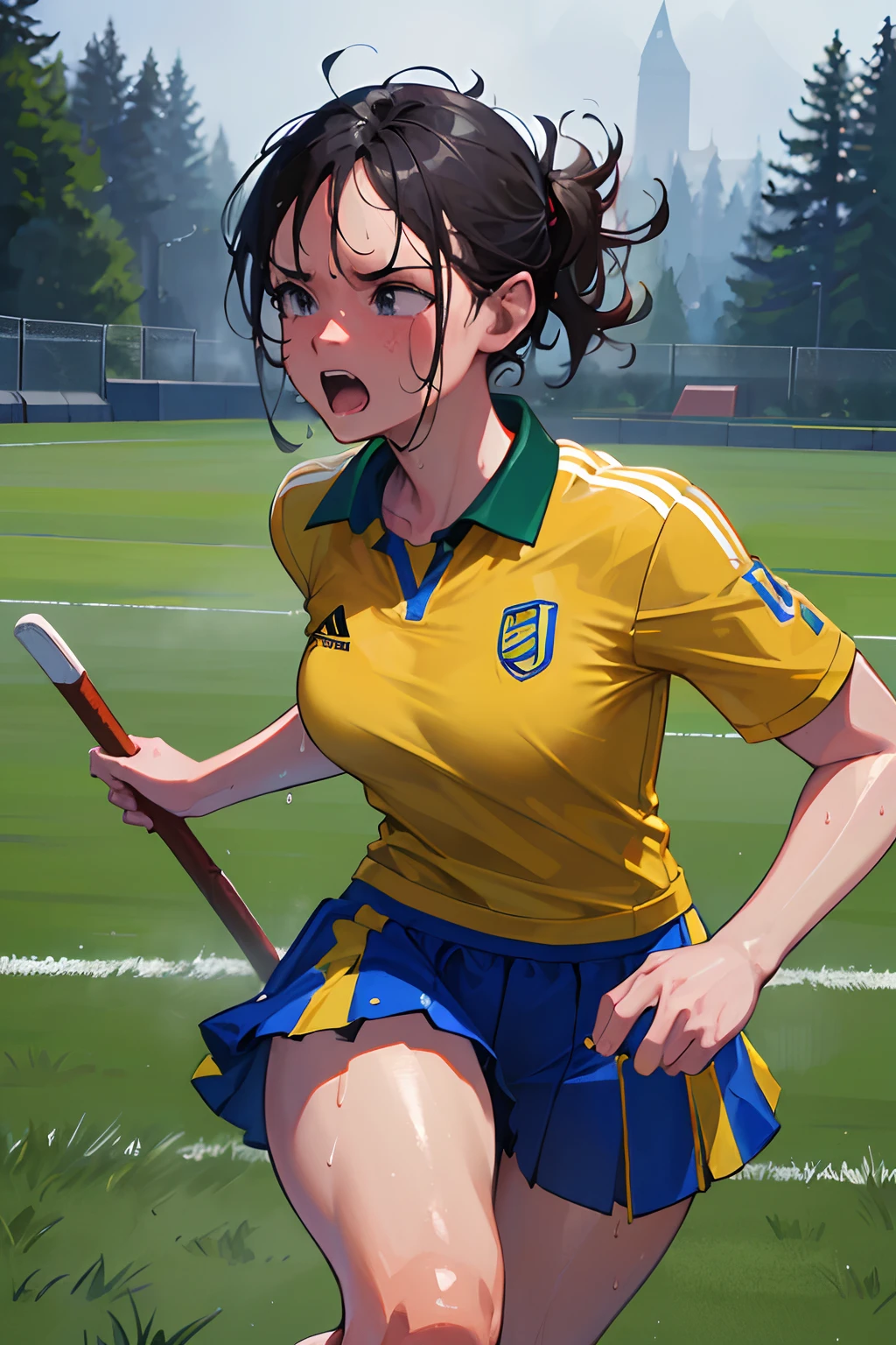 (best quality, highres:1.2, ultra-detailed, realistic:1.37), vibrant colors, dynamic lighting, rainy day, 2 girls, field hockey, wet hair, intense concentration, splashing water, action shots, grass stains, muddy ground, wet turf, determination, fast-paced game, athletic physique, shiny hockey sticks, wet uniforms, raindrops, blurred movement, focus on the ball, intense competition, skillful dribbling, energetic play, teamwork, powerful shots, wet pitch, passionate sports, fierce determination, wet atmosphere, flowing movements, emotional expressions, challenging conditions, dramatic lighting, women's sport, dedicated athletes, exciting game, perseverance, adrenaline rush, speed and agility, spirited play, wet splashes