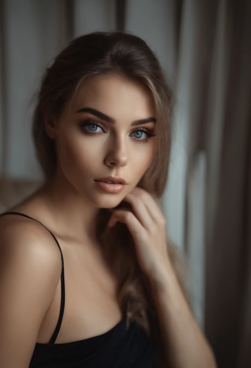 Arafed Mujer totalmente , Chica sexy con ojos azules, ultra realista, meticulosamente detallado, Retrato Sophie Mudd, cabello rubio y ojos grandes, selfie de una mujer joven, Ojos del dormitorio, Violeta Myers, sin maquillaje, Maquillaje natural, staring directly into camera, cara con artgram, maquillaje sutil, Impresionante foto de cuerpo completo arrodillado en la cama, En el dormitorio, Medium size bust plus photos