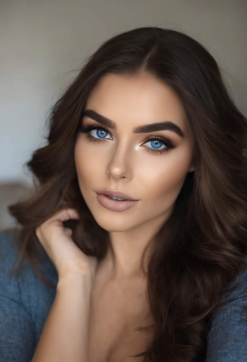 Arafed Mujer totalmente , Chica sexy con ojos azules, ultra realista, meticulosamente detallado, Retrato Sophie Mudd, cabello rubio y ojos grandes, selfie de una mujer joven, Ojos del dormitorio, Violeta Myers, sin maquillaje, Maquillaje natural, staring directly into camera, cara con artgram, maquillaje sutil, Impresionante foto de cuerpo completo arrodillado en la cama, En el dormitorio, Medium size bust plus photos