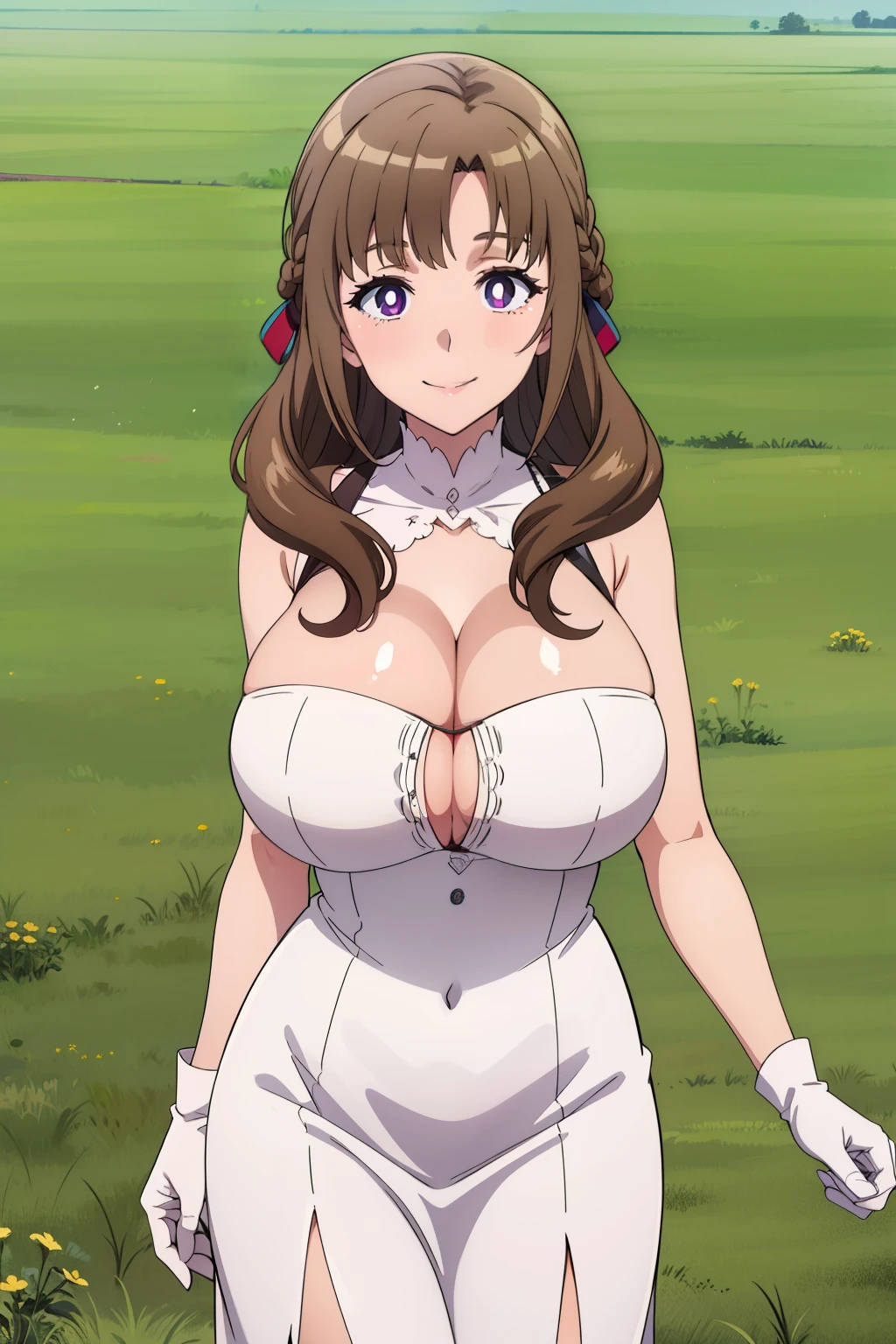 best quality, high resolution, 1girl, (huge breasts:1.2), Beautiful face, smile, mamako_oosuki, long hair, brown hair, purple eyes, mature female, bright pupils, ribbon, white gloves, white dress, cleavage, grass, cowboy shot