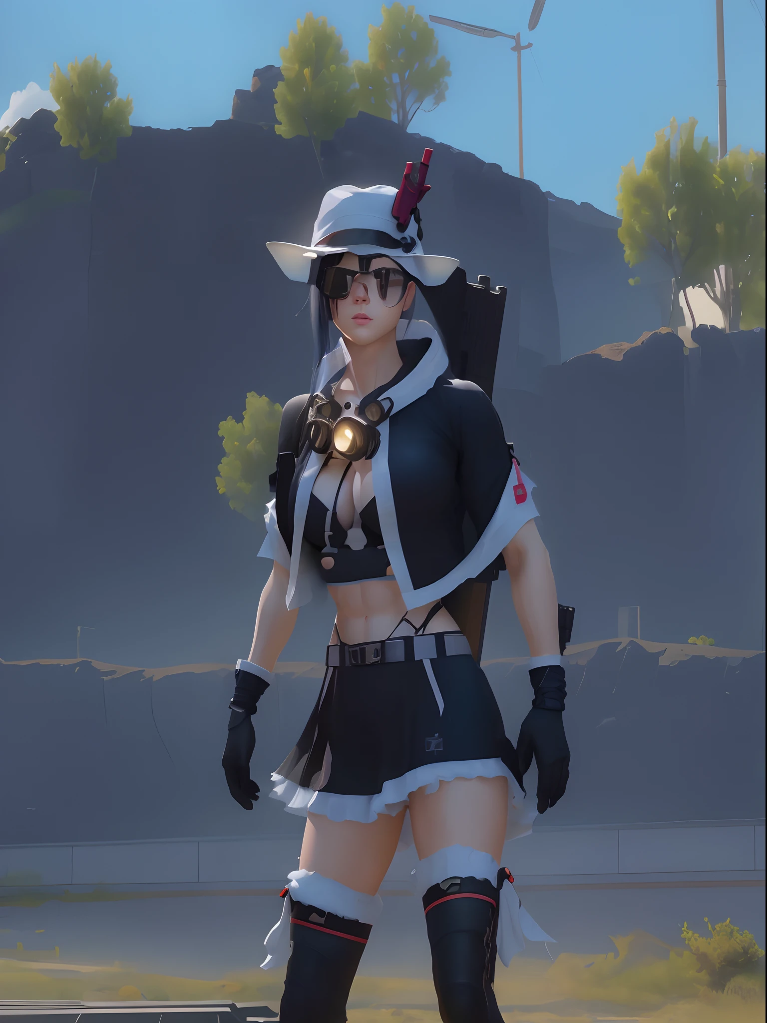Wearing black classic goggles, beautiful black sparp colour goggles, muscular body, six packs, healthy body, blue glacier ( M416 assault rifle ) in back, big round boobs in clothes, beautiful full hd image, full detailed image, 8k quality image,
