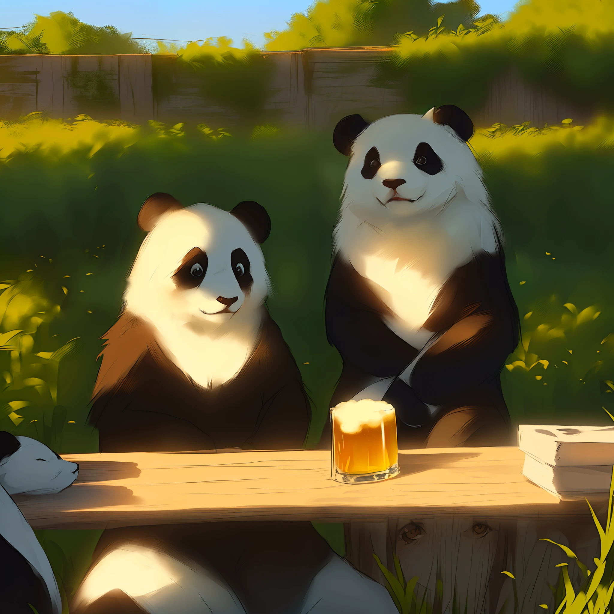 wolf girl with panda boy, they sit and drink beer, anime style, aesthetic