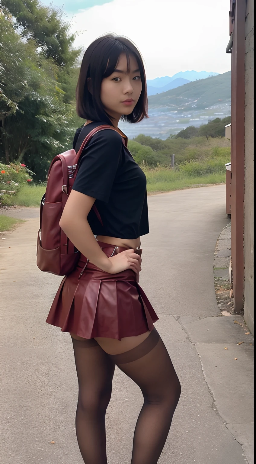 show entire body, aerial view, feet in view, 18y.o. slim Asian female, gorgeous, shiny red pantyhose, short cut shirt, leather skirt, sneakers, backpack, outdoors,