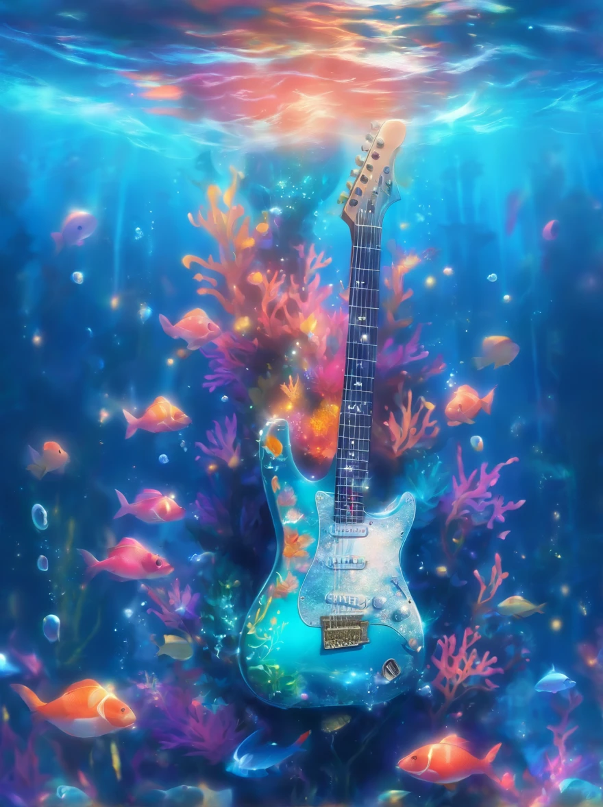 {{A mesmerizing depiction of an electric guitar}} submerged underwater, with bubbles rising around it. This is an underwater fantasy-inspired image that showcases the guitar's beauty in an unusual setting. The environment/background should be an underwater world with colorful coral reefs to create a dreamy and surreal atmosphere. The image should be in the style of a digital painting, incorporating elements of underwater fantasy art. The close-up shot, captured with a macro lens, will provide an intimate and enchanting view of the guitar's intricate details and the underwater flora. The lighting should be ethereal, emphasizing the play of light through the water and the guitar's design. The desired level of detail is high with a high-resolution, highlighting the guitar's otherworldly qualities. The goal is to create a captivating image that transports viewers to an enchanting underwater realm