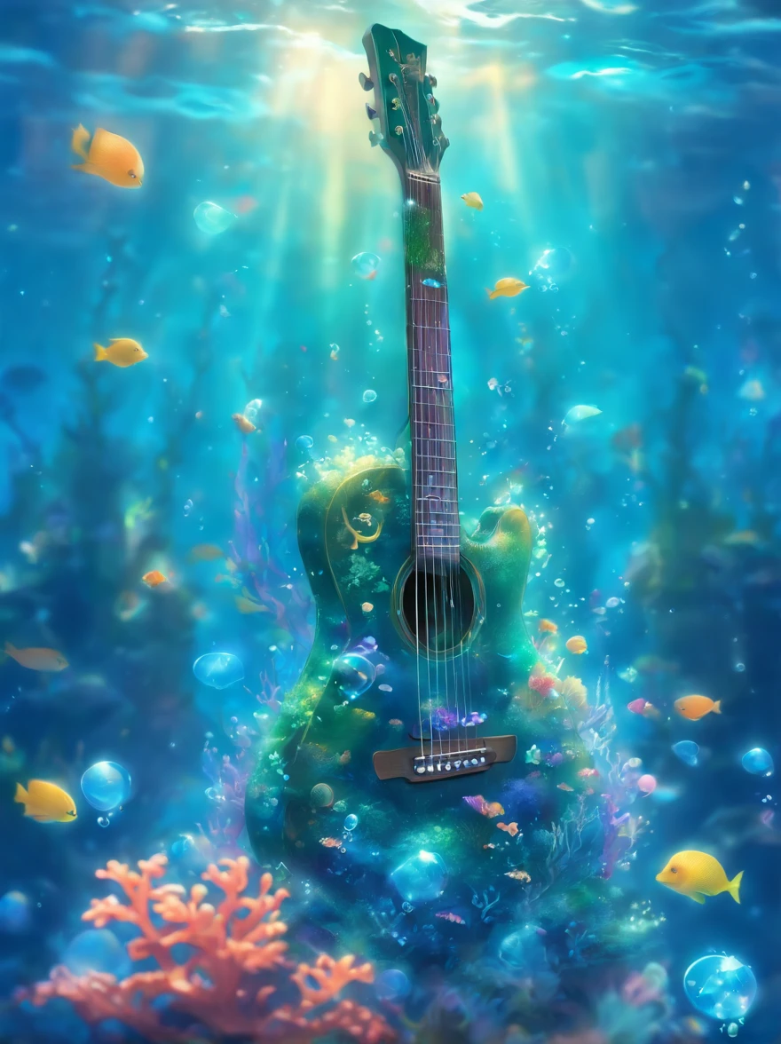{{A mesmerizing depiction of an electric guitar}} submerged underwater, with bubbles rising around it. This is an underwater fantasy-inspired image that showcases the guitar's beauty in an unusual setting. The environment/background should be an underwater world with colorful coral reefs to create a dreamy and surreal atmosphere. The image should be in the style of a digital painting, incorporating elements of underwater fantasy art. The close-up shot, captured with a macro lens, will provide an intimate and enchanting view of the guitar's intricate details and the underwater flora. The lighting should be ethereal, emphasizing the play of light through the water and the guitar's design. The desired level of detail is high with a high-resolution, highlighting the guitar's otherworldly qualities. The goal is to create a captivating image that transports viewers to an enchanting underwater realm