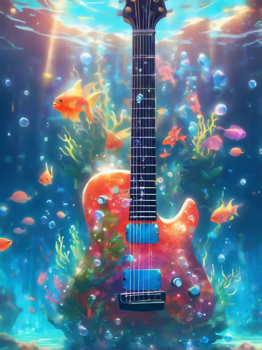 {{A mesmerizing depiction of an electric guitar}} submerged underwater, with bubbles rising around it. This is an underwater fantasy-inspired image that showcases the guitar's beauty in an unusual setting. The environment/background should be an underwater world with colorful coral reefs to create a dreamy and surreal atmosphere. The image should be in the style of a digital painting, incorporating elements of underwater fantasy art. The close-up shot, captured with a macro lens, will provide an intimate and enchanting view of the guitar's intricate details and the underwater flora. The lighting should be ethereal, emphasizing the play of light through the water and the guitar's design. The desired level of detail is high with a high-resolution, highlighting the guitar's otherworldly qualities. The goal is to create a captivating image that transports viewers to an enchanting underwater realm