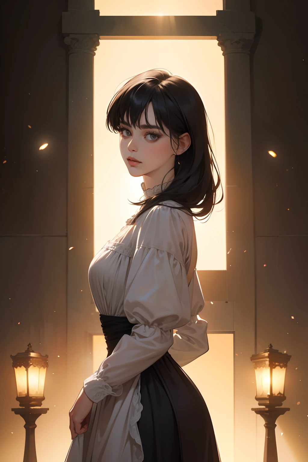 masterpiece, best quality, realistic, 1woman, mature female, beautiful, 25 years old, extremely detailed face, ((dark grey eyes)), ((long front bang dark black twist hair)), [thin eyebrows], citizen, ((Dressed in a cictorian dress)), cinematic lighting, looking at the audience, posture dynamics, Victorian era