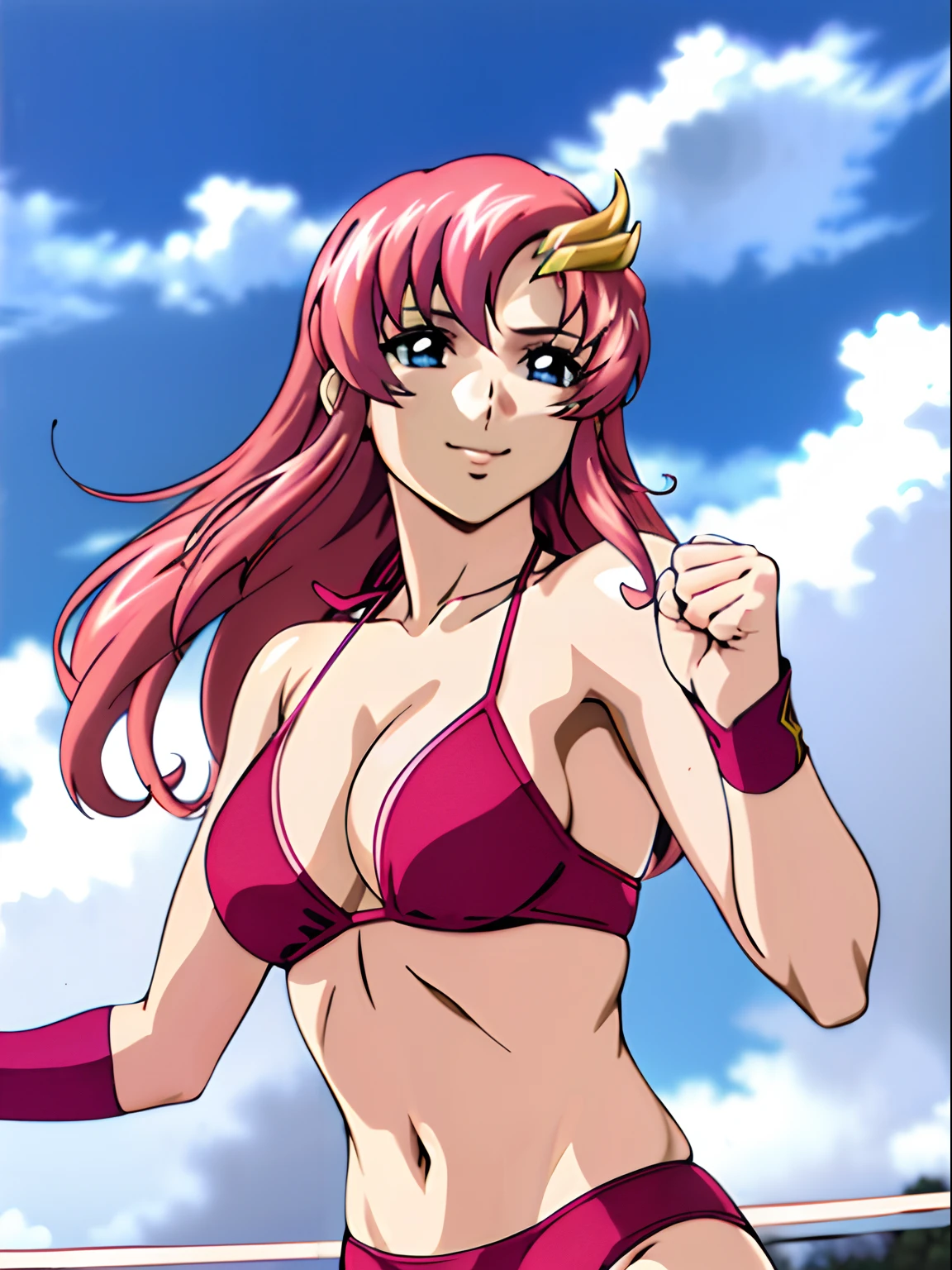 (masterpiece, upper body view, 4K, Best Quality, Anime style: 1.9, , tall, Adult Woman, ultra detailed face, (cloud background, wrestling), Drawing lines, high resolution, Anime, lacus4), 1girl, Solo, curvy figure, Long hair, 鎖骨, scapular, (Detailed wide hair bangs, Hair Ornament, Detailed reddish-pink hair), cleavage, large hands, (female wrestler). (Big blue eyes, shiny eyes), ((closed fists, broad shoulders)), ((perfect proportions, medium breasts, long belly)), (((bikini, pink wrestling gear))), happy, smile, stretching