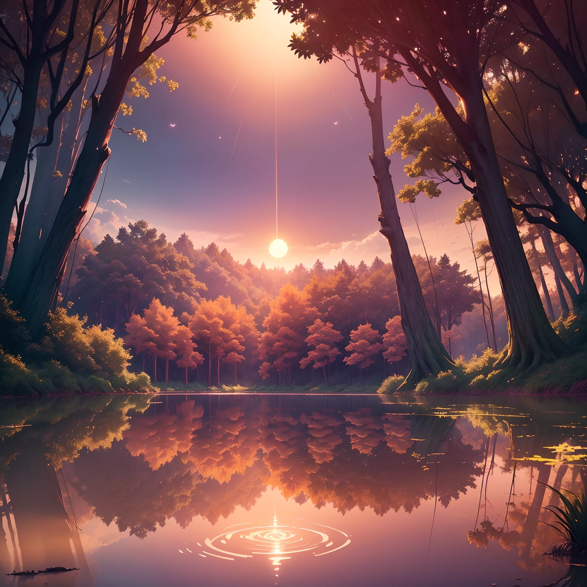 A masterpiece, the best quality, stunning reflections, the best reflections ever. (very detailed CG unity 8k wallpapers), (best quality), (best illustrations), (best shadows), 
forest theme with natural elements. sun is setting over a tranquil lake, quiet streams, glowing red hues across the sky, The clouds are illuminated in shades of pink and purple, with fireflies and glowing particle effects, A single tree stands tall on the horizon, (natural elements), (jungle theme), (leaves), (twigs), (fireflies), butterflies, (delicate leaves), (glow), (particle effects), Isometric 3D, Octane Rendering, Ray Traced, Super Detailed