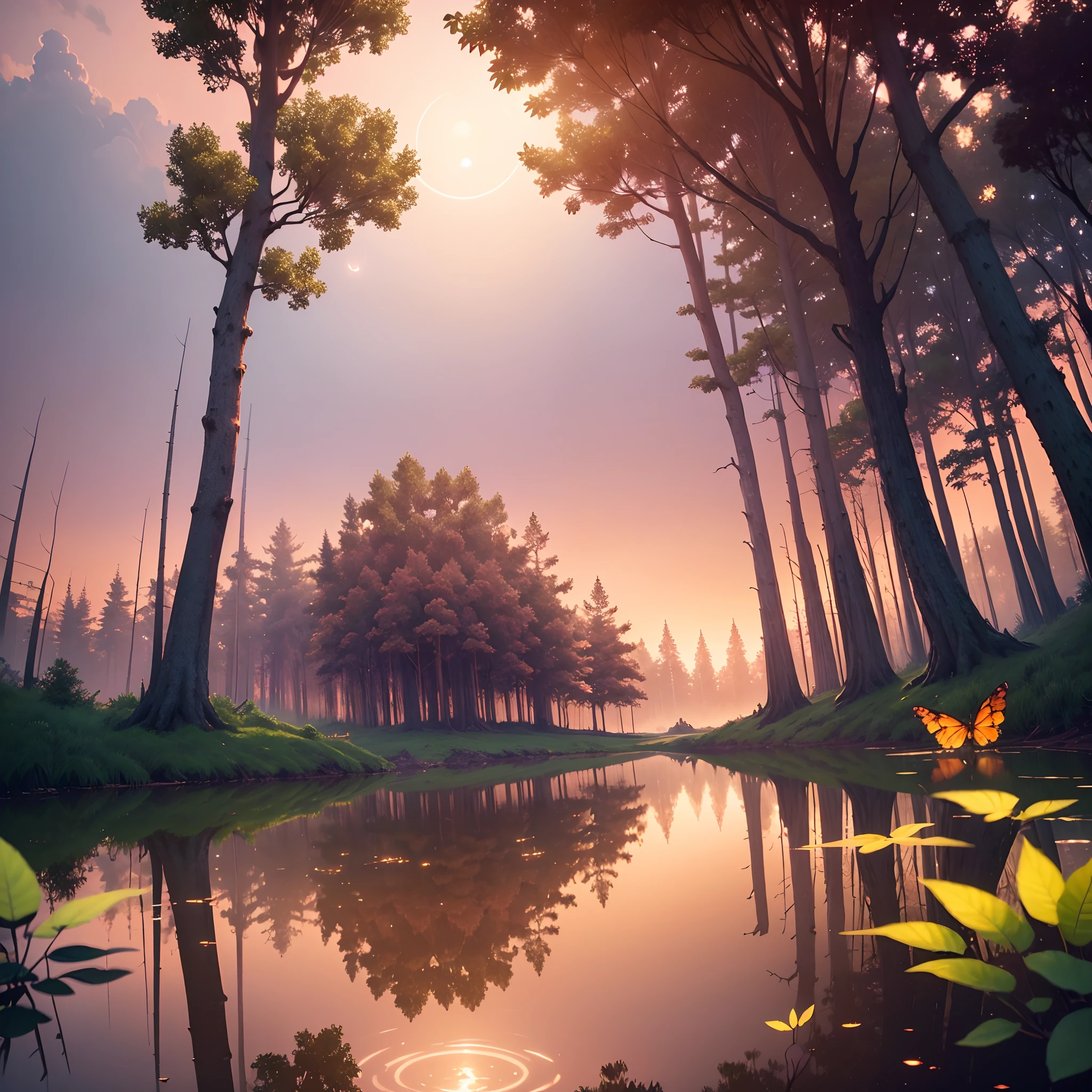 A masterpiece, the best quality, stunning reflections, the best reflections ever. (very detailed CG unity 8k wallpapers), (best quality), (best illustrations), (best shadows), 
forest theme with natural elements. sun is setting over a tranquil lake, quiet streams, glowing red hues across the sky, The clouds are illuminated in shades of pink and purple, with fireflies and glowing particle effects, A single tree stands tall on the horizon, (natural elements), (jungle theme), (leaves), (twigs), (fireflies), butterflies, (delicate leaves), (glow), (particle effects), Isometric 3D, Octane Rendering, Ray Traced, Super Detailed