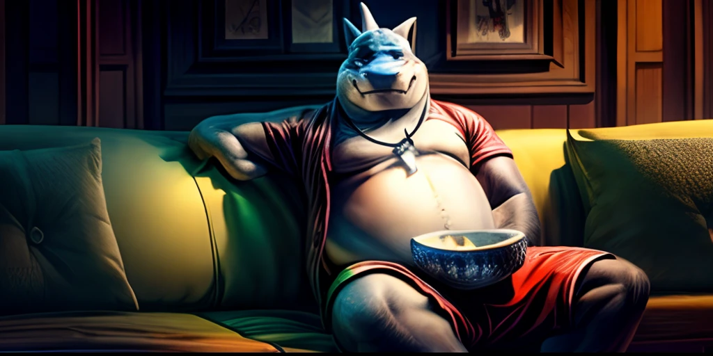 mr shark, masterpiece, volumetric lighting, plump, fat, belly, black eyes, (soft shading), 4k, hi res, five fingers, detailed hands, ((detailed face, (detailed eyes:1.0), detailed)), (full body), nude torso, looking at viewer, shirt, 1boy, male focus, dog tags, red shorts, giant head, huge head, big head, bowl with popcorns