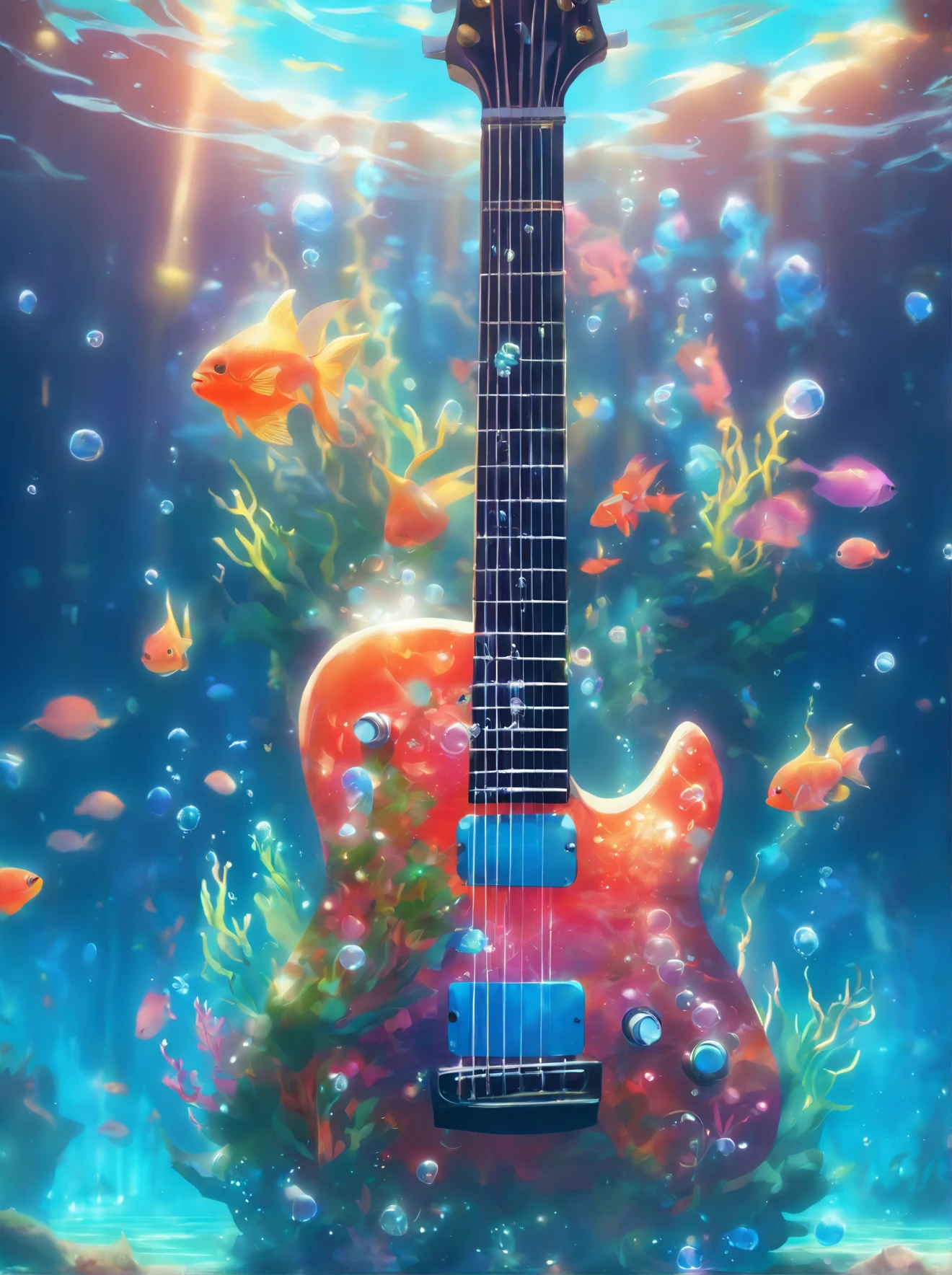 {{A mesmerizing depiction of an electric guitar}} submerged underwater, with bubbles rising around it. This is an underwater fantasy-inspired image that showcases the guitar's beauty in an unusual setting. The environment/background should be an underwater world with colorful coral reefs to create a dreamy and surreal atmosphere. The image should be in the style of a digital painting, incorporating elements of underwater fantasy art. The close-up shot, captured with a macro lens, will provide an intimate and enchanting view of the guitar's intricate details and the underwater flora. The lighting should be ethereal, emphasizing the play of light through the water and the guitar's design. The desired level of detail is high with a high-resolution, highlighting the guitar's otherworldly qualities. The goal is to create a captivating image that transports viewers to an enchanting underwater realm
