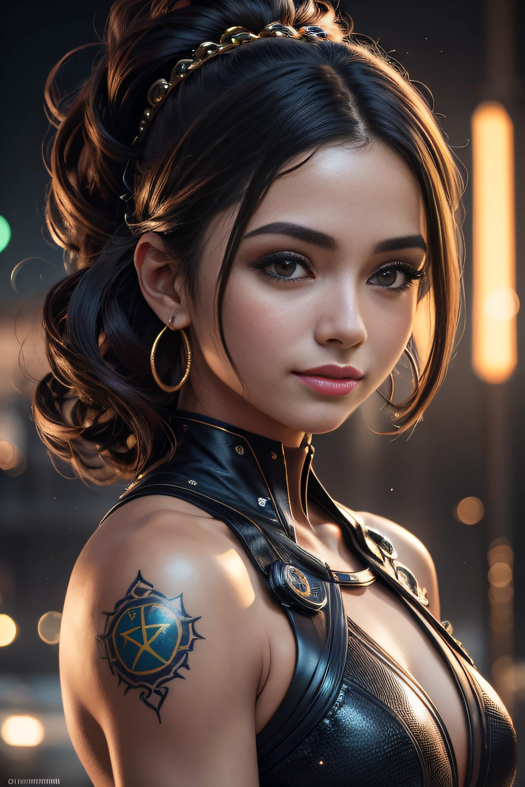 Foto de retrato de uma jovem latina, (risos:0.7), Posando, Looking at a camera, cabelo rosa rabo de cavalo, fundo complexo da cidade, retroiluminado, (cinemactic:1.5), epic realistic, hiper detalhado, detalhes insanos, detalhes intrincados, Highlight lighting, volumetric soft light, Bokeh, (dramatic light:1.2), (cores neutras:1.3), processo cruzado , 8k