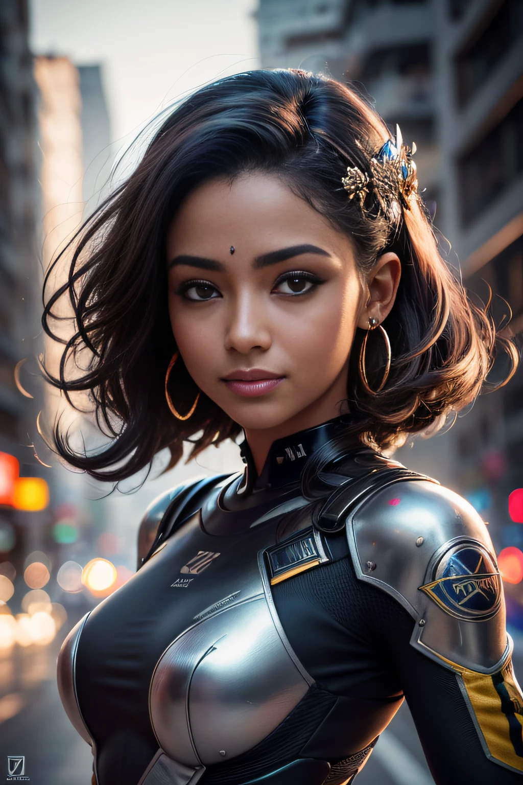 (melhor qualidade:1.0), (ultra highres:1.0), 1 garota, pele bonita detalhada, (gentil sorriso:1.0), solo, (obra-prima:1.0), (melhor qualidade:1.4), (ultra highres:1.2), (Realistic photo: 1.4), 8K分辨率, Canon EOS R5, 50mm, absurdos, ultra detalhado, foco nítido, cinematic lighthing, rosto bonito detalhado, figura pequena, textura de pele detalhada, pele cor de bronze, gap between thighs, cabelo detalhado, random hair style, olhos perfeitos, olhos detalhados, (pele brilhante1.15), ((foto de retrato)), Hair Accessories, brincos, futurista, fundo complexo, rua da cidade cyberpunk, noite, ciborgue, robotic parts, futuristic weapons and accessories, Ray illumination, luz de fundo, foto em close, complex background,