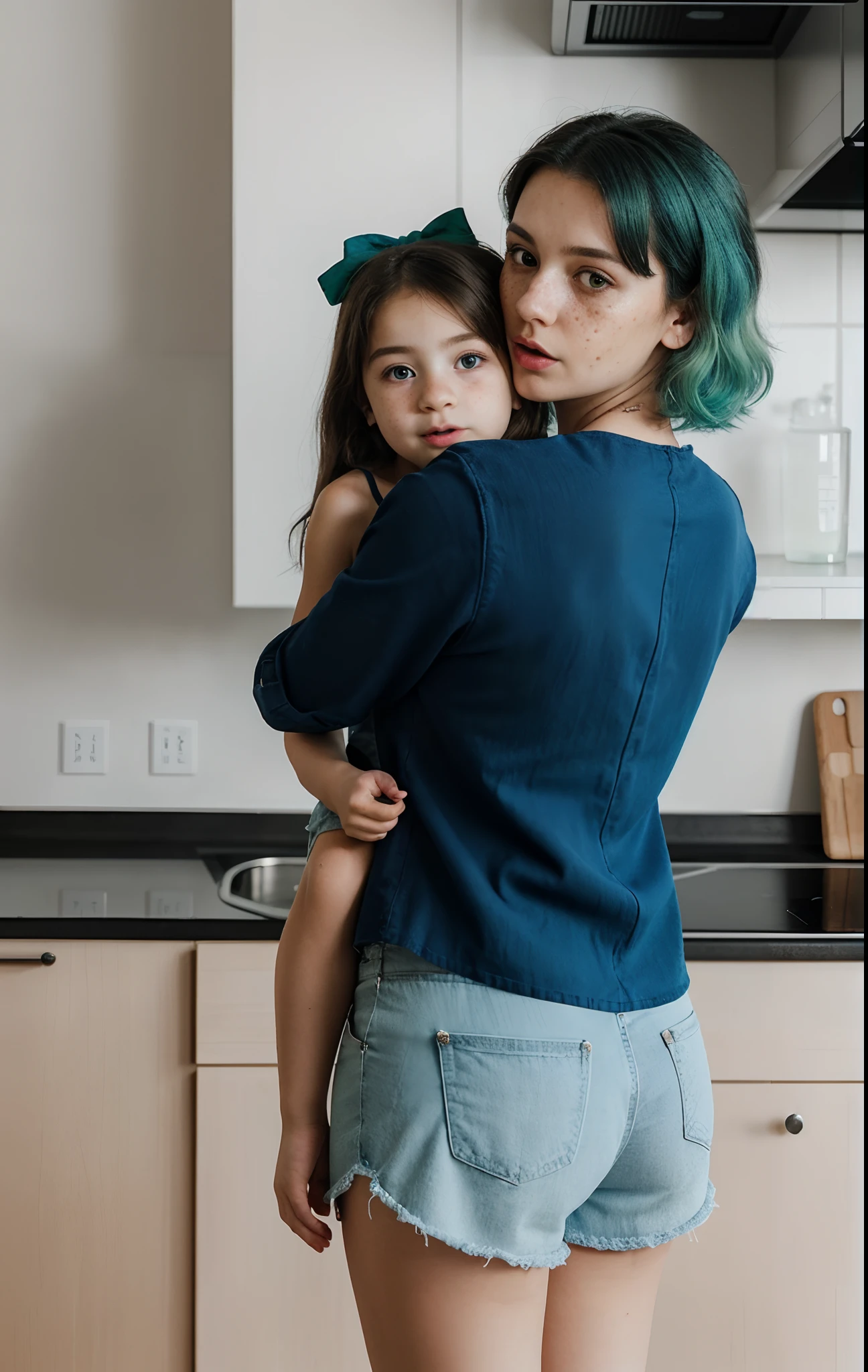 8k uhd quality, (high quality,: 1.9), high resolution, (ultra realistic: 1.9), great photo, like in real life, (photography render: 1.9), realistic optical physics, light shadows, (beautiful Ukrainian girl: 1.9), (strange fluffy hair: 1.9), green and blue hair, bow on hair, a realistic representation of the face, (large eyes: 1.5), thick eyebrows, normal ears, (plump lips: 1.5), snub nose, (acne: 0.5), (moles and freckles: 1.1), detailed skin, plump cheeks, (perfect face: 1.7), thin neck, five fingers, normal fingers, (open mouth: 1.3), short shorts, fashion clothes, muscular pelvis, skinny collarbone, triangular boobs, full body view, (hourglass body: 1.9), (short stature: 1.9), (daughter hugs mom from behind: 1.5), mother and daughter, realistic kitchen, correct women physiology