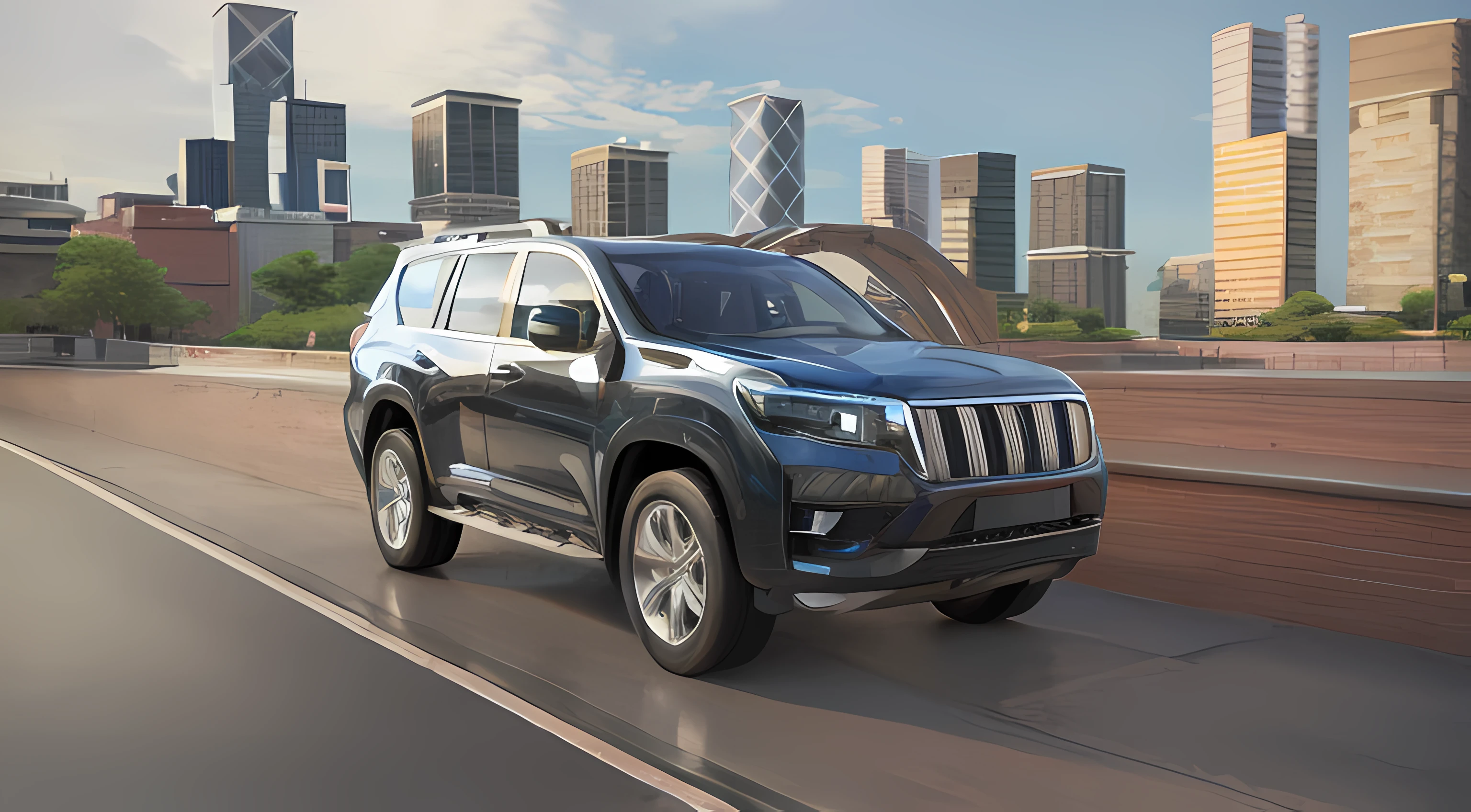 arafed suv driving on a city street with a city skyline in the background, cinematic front shot, 2019, 2 0 1 9, new vehicle, depicted as a 3 d render, hyper realistic ”, hyper realistic”, subtle detailing, hyper - realistic, hyper-realistic, semi - realistic render, hyper-realistic render, hyper - realistic render