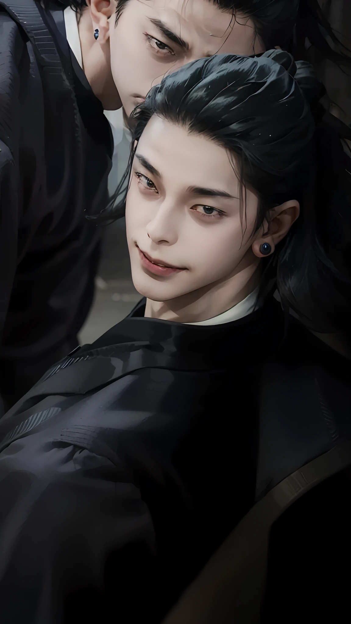 1man, geto suguru in anime jujutsu kaisen, short hair , black hair, black eyes, handsome, smile, black clothes, realistic clothes, detail clothes, city background, ultra detail, realistic