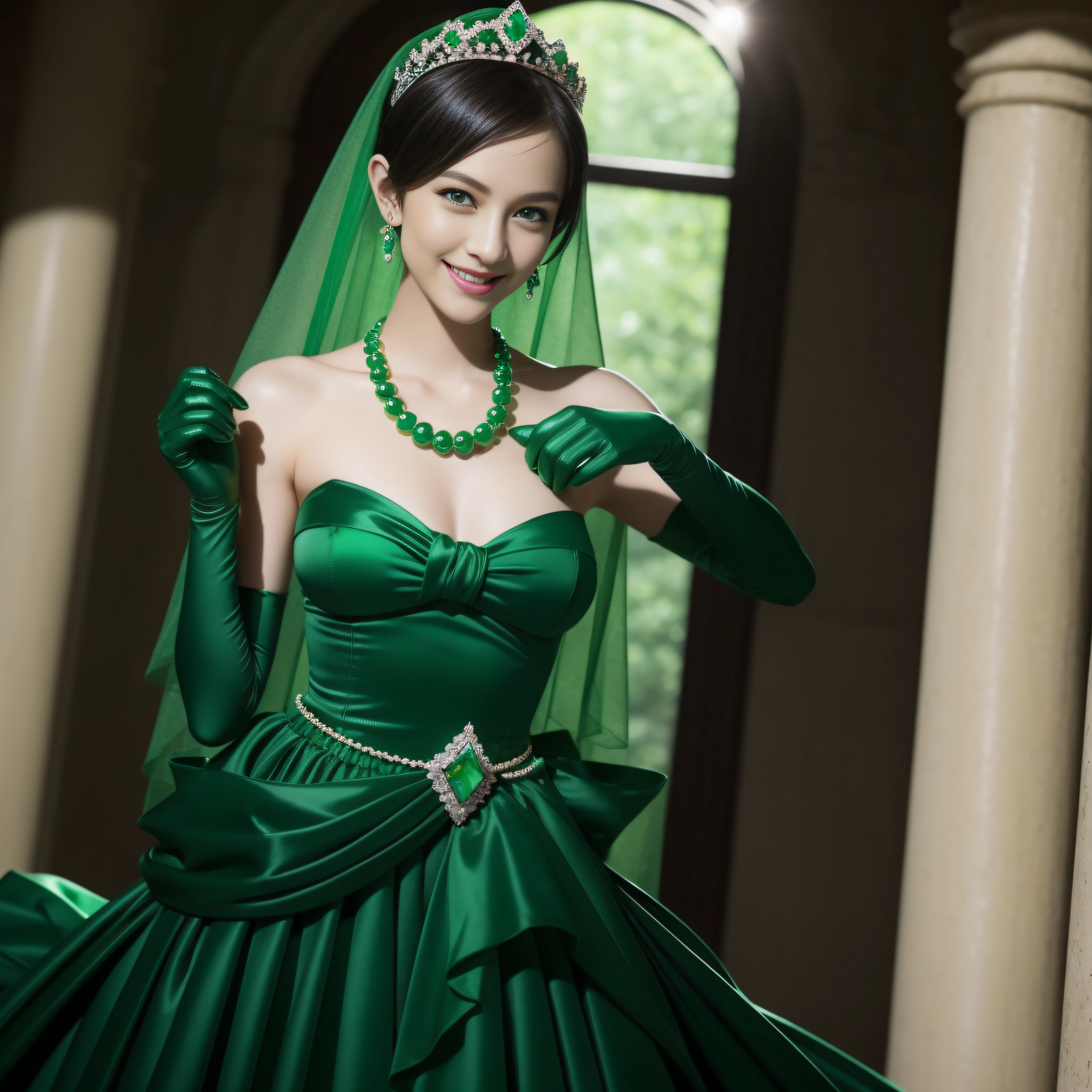 emerald tiara, Green Pearl Necklace, Boyish very short black hair, lipsticks, Japan woman smiling, very short short hair, big breasts beautiful, Green eyes, Long green gloves made of satin material, Green eyes, Emerald Earrings, The tattoo