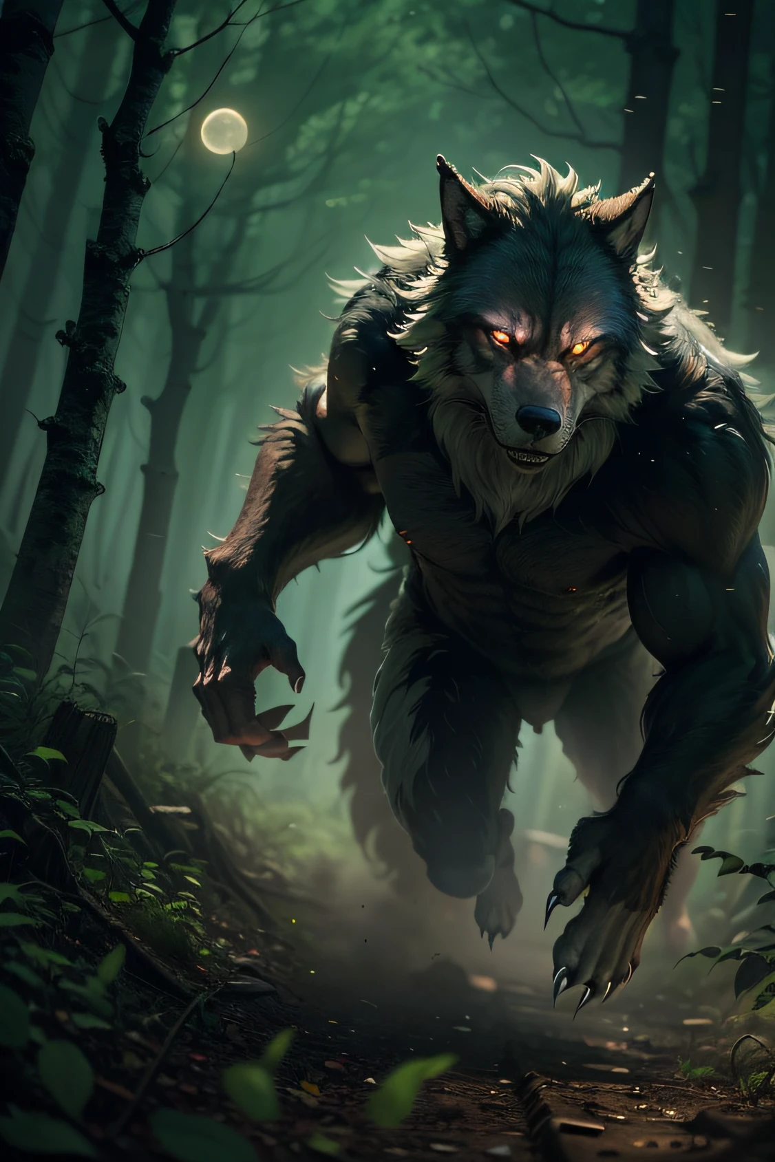 big hairy werewolf , realistic, high resolution, quality look, claws, menacing, brutal, feral ,not intelligent, powerful, no necklace, stalking, with beautiful woman running unaware , forest clearance , illuminated by moon,