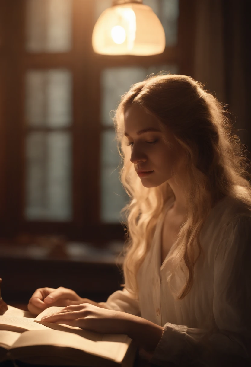 1 girl, long golden hair, short white clothes, y, extremely beautiful, sad face, listening to MP3, studying at the bedroom table, looking at the book, view from the corner of the table, melancholic mood, mourning mood, apple on the corner of the table , dark bedroom, lamp on the table, realistic high definition, traced path, highly detailed, high quality, 4K, CGSociety, rutkowski, stretcher, lighting deactivation
