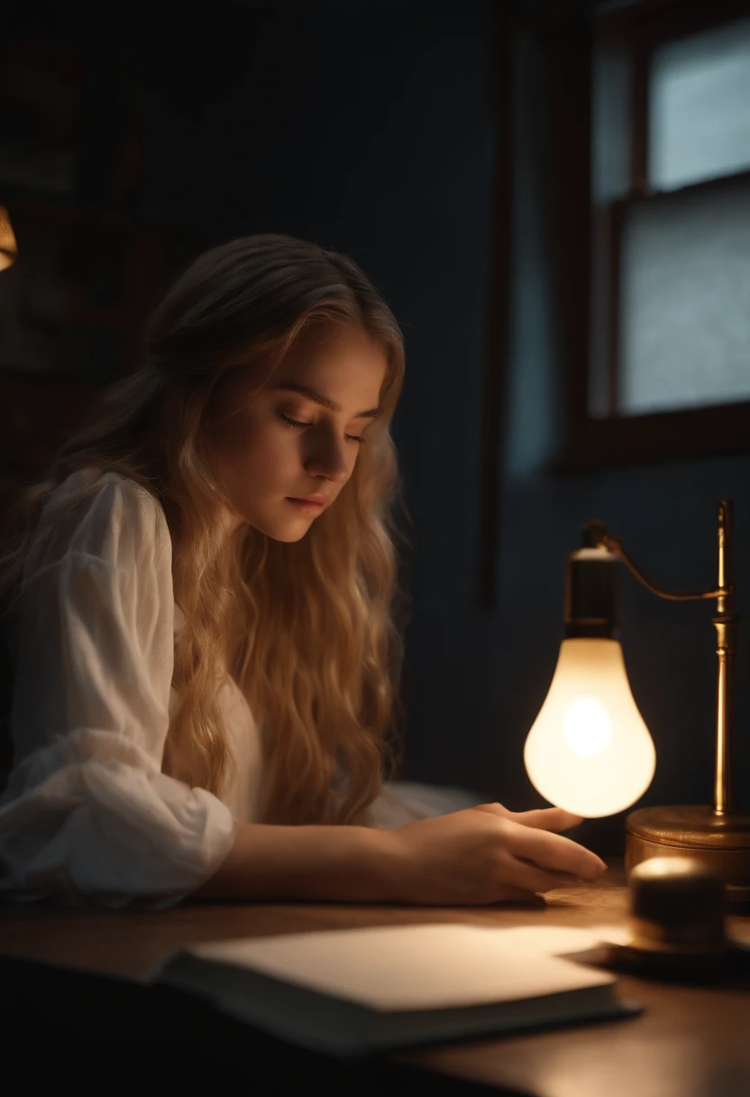 1 girl, long golden hair, short white clothes, y, extremely beautiful, sad face, listening to MP3, studying at the bedroom table, looking at the book, view from the corner of the table, melancholic mood, mourning mood, apple on the corner of the table , dark bedroom, lamp on the table, realistic high definition, traced path, highly detailed, high quality, 4K, CGSociety, rutkowski, stretcher, lighting deactivation