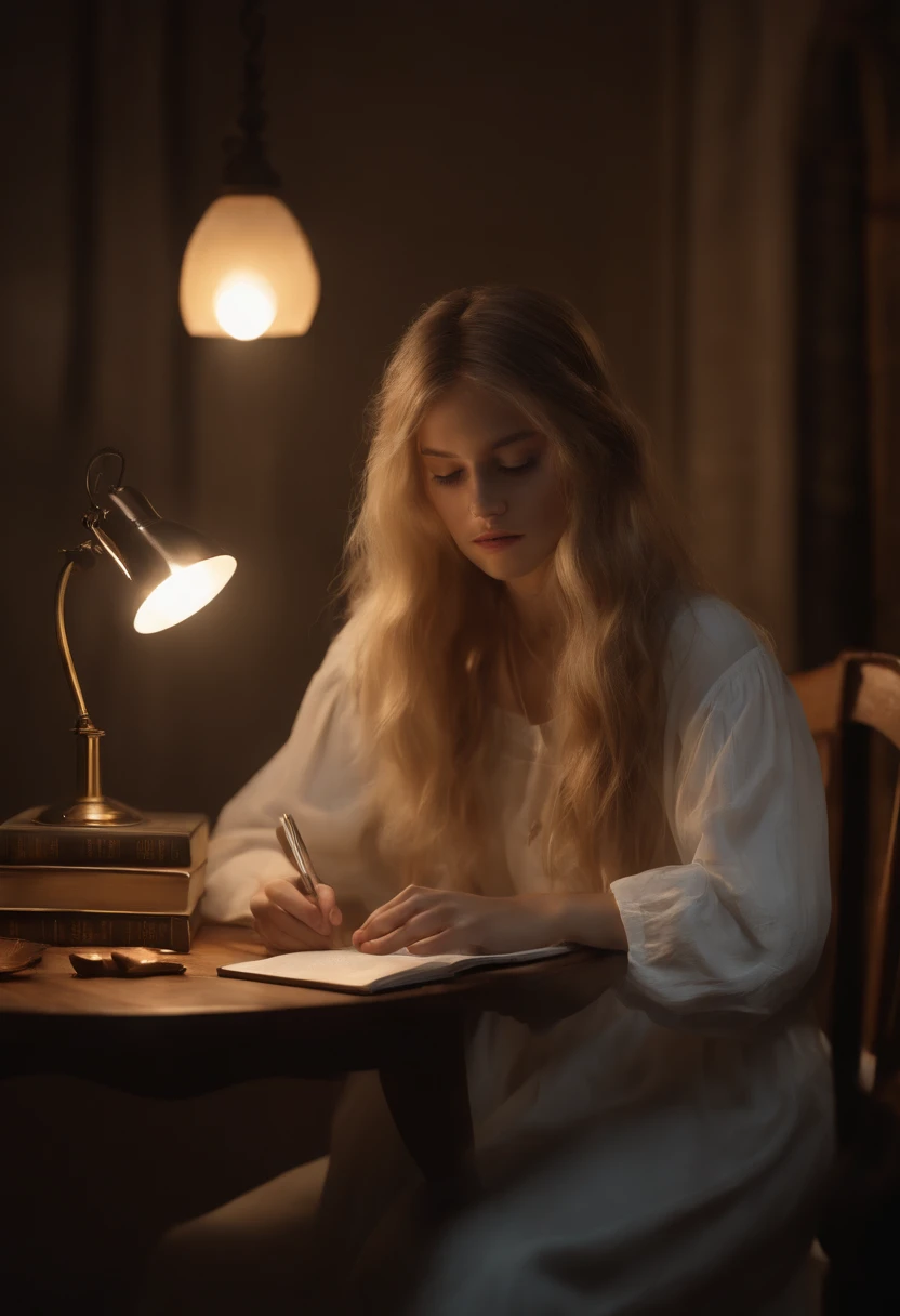 1 girl, long golden hair, short white clothes, y, extremely beautiful, sad face, listening to MP3, studying at the bedroom table, looking at the book, view from the corner of the table, melancholic mood, mourning mood, apple on the corner of the table , dark bedroom, lamp on the table, realistic high definition, traced path, highly detailed, high quality, 4K, CGSociety, rutkowski, stretcher, lighting deactivation