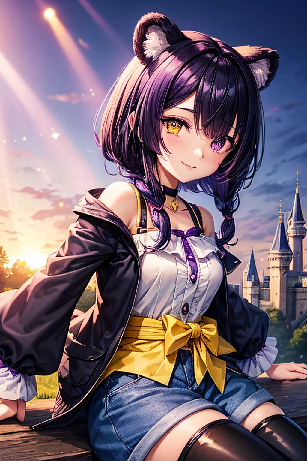 ((worst quality, low-quality)), ((Bear-eared Kenomi girl)), ((Black hair berry berry short,Purple and blue inner colors)), (((Hair over one eye))), (((Yellow and purple odd-eye))), plump shiny lips, Beautiful clear eyes, (The best smile), Spoken Heart, Leaning forward, (Dynamic Pose:1.2), (Gothloli style clothes), (Shoulder less), (jaket), (shortpants), (Castles), (Theme Park Background), (Shining sunlight), masutepiece,Best Quality,ultra-detailliert,