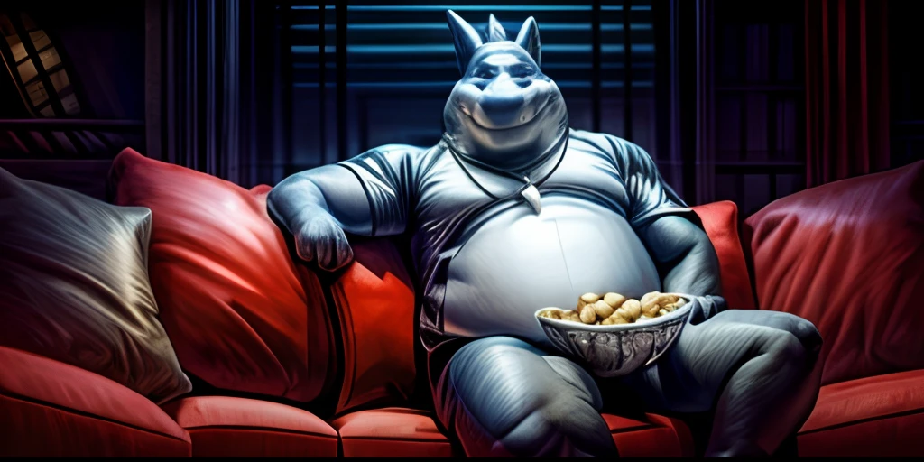 mr shark, masterpiece, volumetric lighting, plump, fat, belly, black eyes, (soft shading), 4k, hi res, five fingers, detailed hands, ((detailed face, (detailed eyes:1.0), detailed)), (full body), nude torso, looking at viewer, shirt, 1boy, male focus, dog tags, red shorts, giant head, huge head, big head, bowl with popcorns