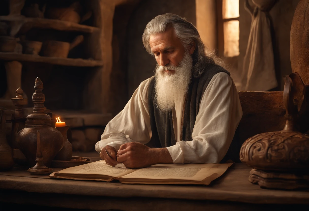Develop an ultra-realistic image of an Old Testament prophet in a moment of reflection, Imagine him writing a scroll in a rustic and clear setting.