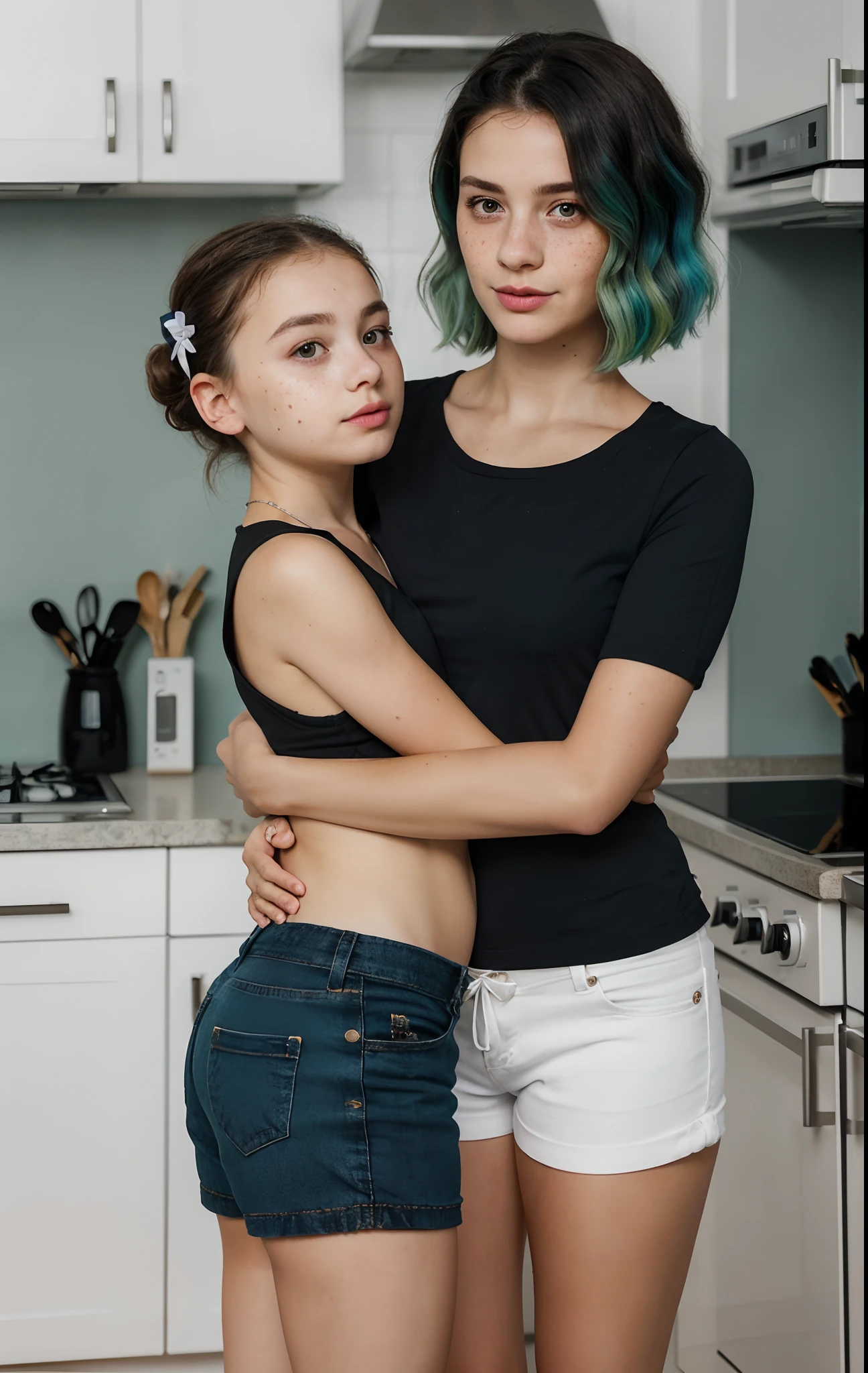 8k uhd quality, (high quality,: 1.9), high resolution, (ultra realistic: 1.9), great photo, like in real life, (photography render: 1.9), realistic optical physics, light shadows, (beautiful Ukrainian girl: 1.9), (strange fluffy hair: 1.9), green and blue hair, bow on hair, a realistic representation of the face, (large eyes: 1.5), thick eyebrows, normal ears, (plump lips: 1.5), snub nose, (acne: 0.5), (moles and freckles: 1.1), detailed skin, plump cheeks, (perfect face: 1.7), thin neck, five fingers, normal fingers, (open mouth: 1.3), short shorts, fashion clothes, muscular pelvis, skinny collarbone, triangular boobs, full body view, (hourglass body: 1.9), (short stature: 1.9), (daughter hugs mom's back: 1.5), daughter hugs mom from behind, mother and daughter, realistic kitchen, correct women physiology