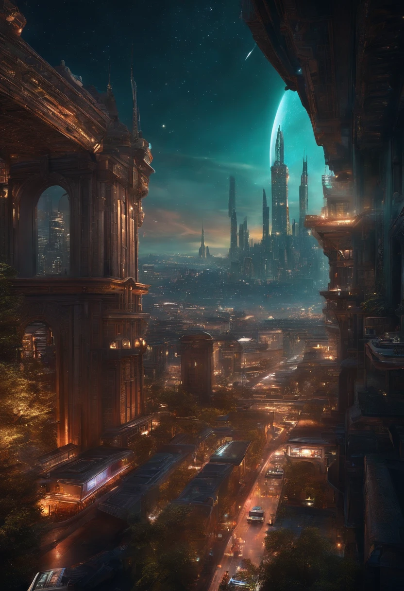 City in space with incoming viassaeaux