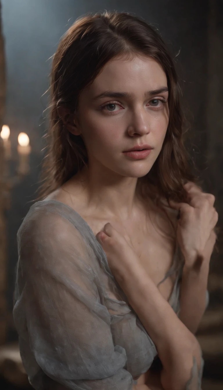 (8K, RAW photos, best image quality, masterpieces, : 1.2), (realistic, photorealistic: 1.37), young girl, small frame, exposed body, torn clothes, bruised, dirty hair, cinematic lighting, chained, restrained, dungeon, young girl, wet skin, ultra realisticc, pregnant belly, tears, ,crying, bruised body, torn clothes, panties round ankles, defeated
