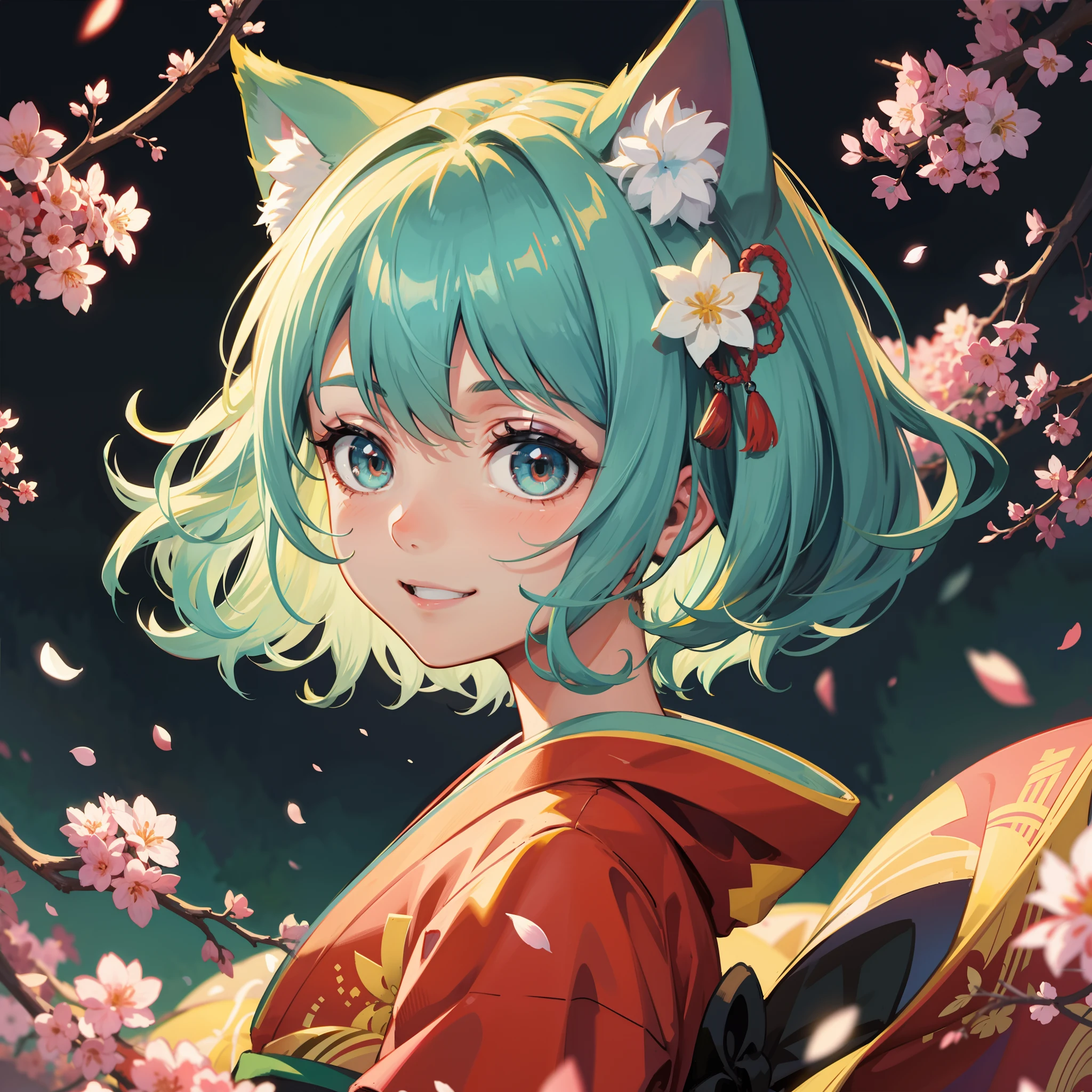 solo catgirl, cat ears, (short turquoise hair in a fluffy wavy bob-cut, (black highlights)), soft round eyes, big smile, kimono, dark background, masterpiece, highest quality, (solo focus), (perfect face:1.1), (high detail:1.1)