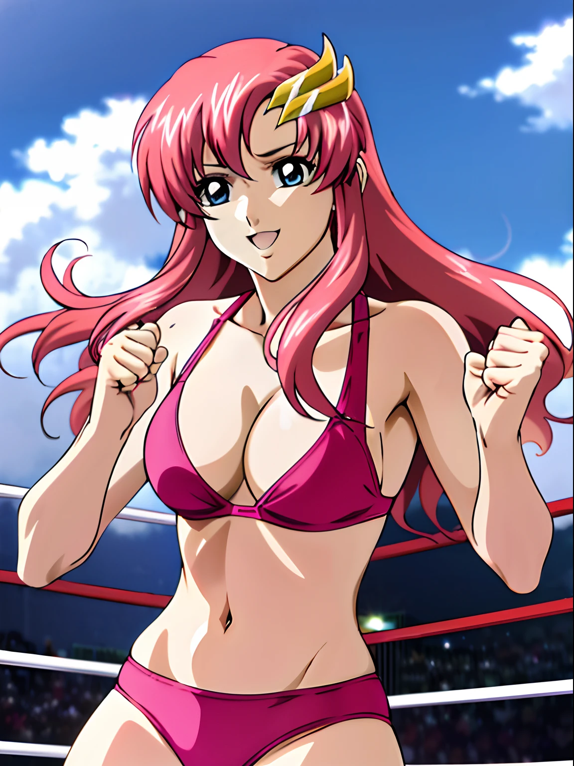 (masterpiece, upper body view, 4K, Best Quality, Anime style: 1.9, , tall, Adult Woman, ultra detailed face, (cloud background, wrestling), Drawing lines, high resolution, Anime, lacus4), 1girl, Solo, curvy figure, Long hair, 鎖骨, scapular, (Detailed wide hair bangs, Hair Ornament, Detailed reddish-pink hair), cleavage, large hands, (female wrestler). (Big blue eyes, shiny eyes), ((closed fists, broad shoulders)), ((perfect proportions, medium breasts, long belly)), (((bikini, pink wrestling gear))), excited, smile, stretching