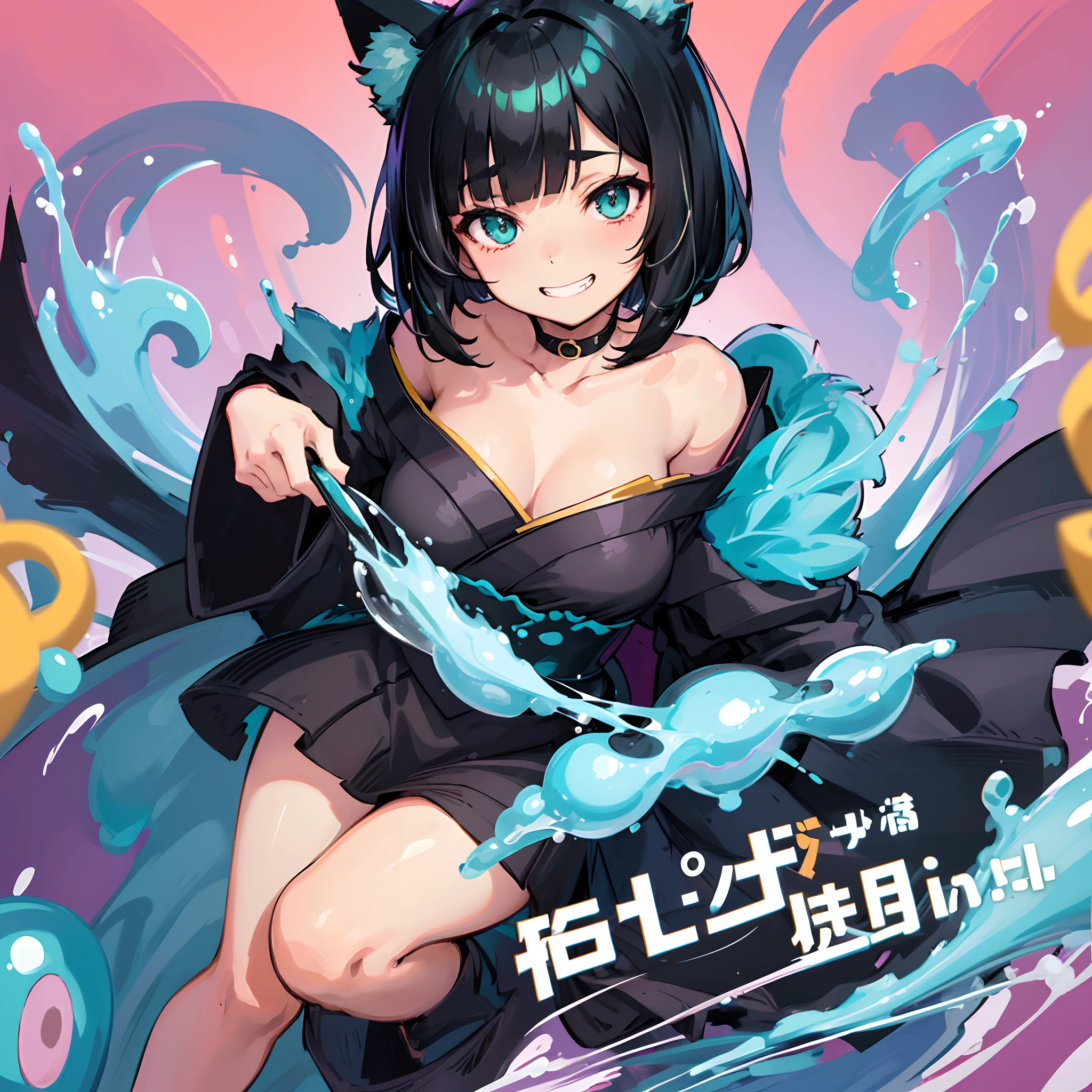 solo portrait catgirl, cat ears, (short black hair in a wavy bob-cut, turquoise highlights), soft round eyes, grin, smile, ((off-shoulder kimono dress)), dynamic, dramatic, simple background, slime, masterpiece, highest quality, (solo focus), (perfect face:1.1), (high detail:1.1)