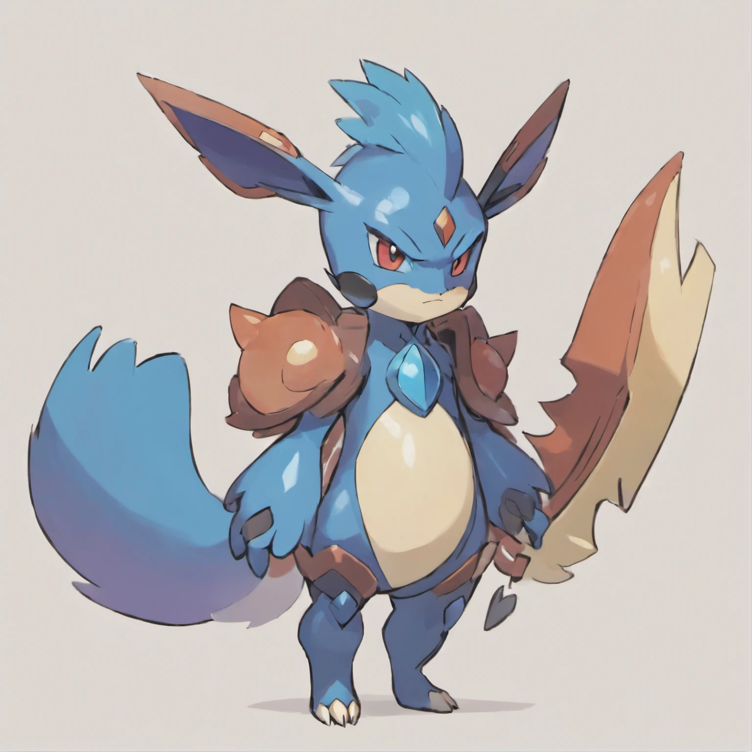 Generate a description of a male warrior character with the following features: small stature, exceptionally large and elongated ears, incredibly strong arms with sharp claws, medium-sized and powerful legs, and attire featuring shades of blue, red, purple, and orange.