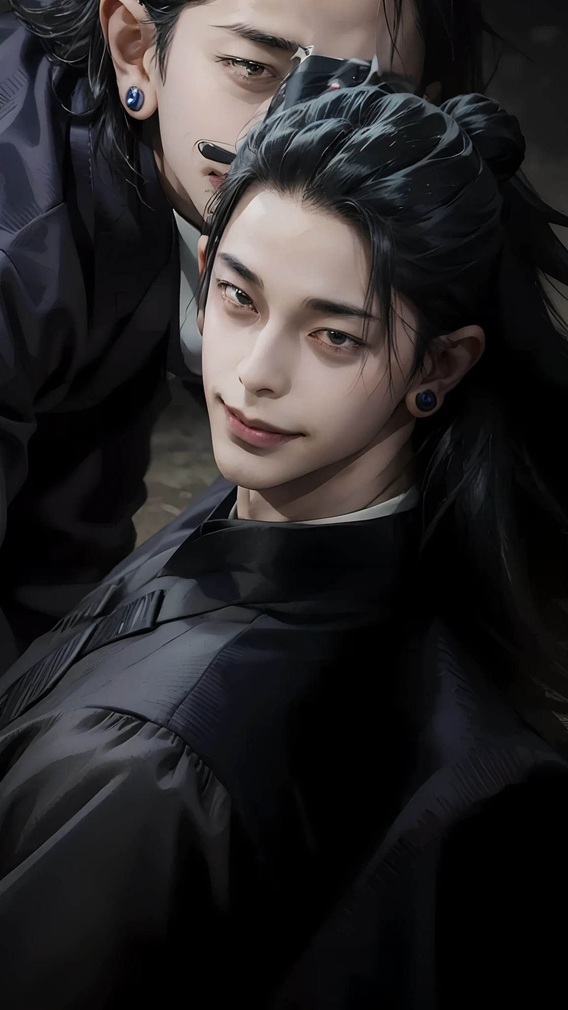 1man, geto suguru in anime jujutsu kaisen, short hair , black hair, black eyes, handsome, smile, black clothes, realistic clothes, detail clothes, city background, ultra detail, realistic