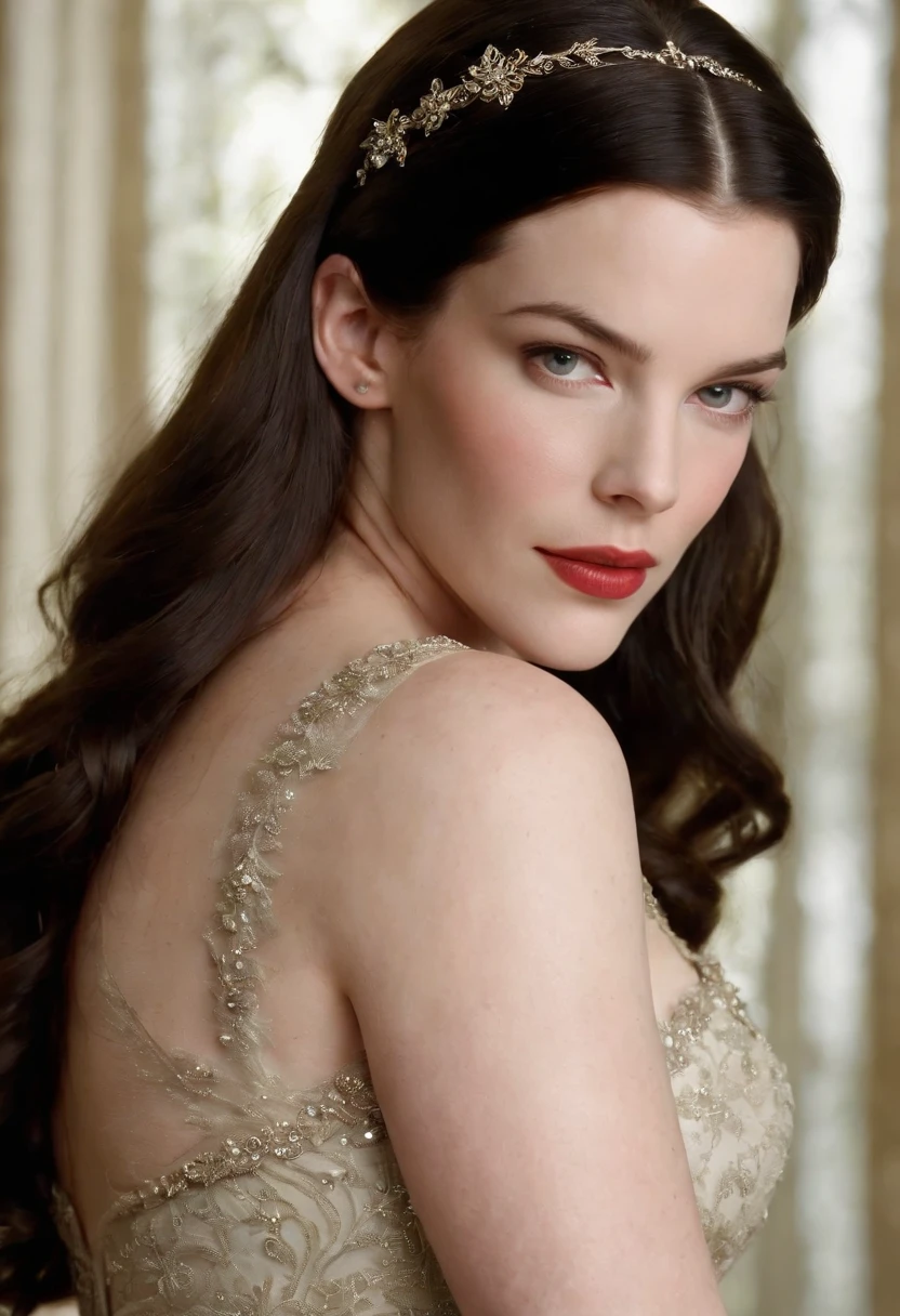 Liv Tyler como Arwen, hair a mess, hot, (suado), deitado, (almofadas de seda), pulseiras de couro vermelho, em Rivendell, frontal completo, revelar seios, sexy,  showing,  vissível