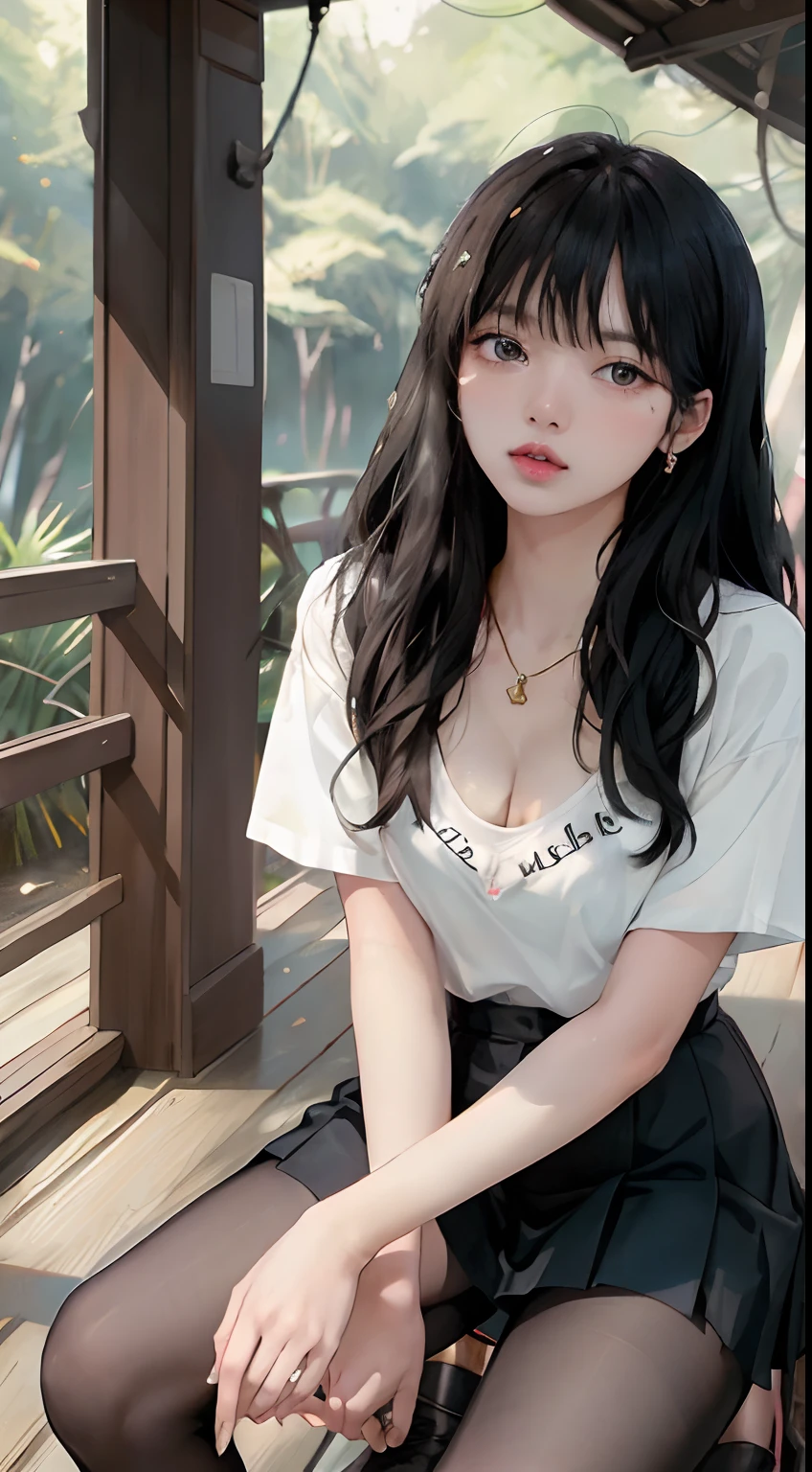 ((Lisa from Blackpink)), t-shirt, tiny pleated skirt, cleavage panties, black waist-length pantyhose, high heels, close-up from thighs to face, very fair skin, very long hair, wavy hair, camp, forest , photorealistic, indirect lighting, volumetric light, ray tracing, hyper-detailed, best quality, high resolution, HDR, 8k