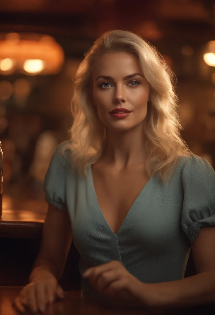 blonde woman, 25 years, Short outfit, Realistic, sitting at a bar, looking forward, Realistic, 4k, HD.