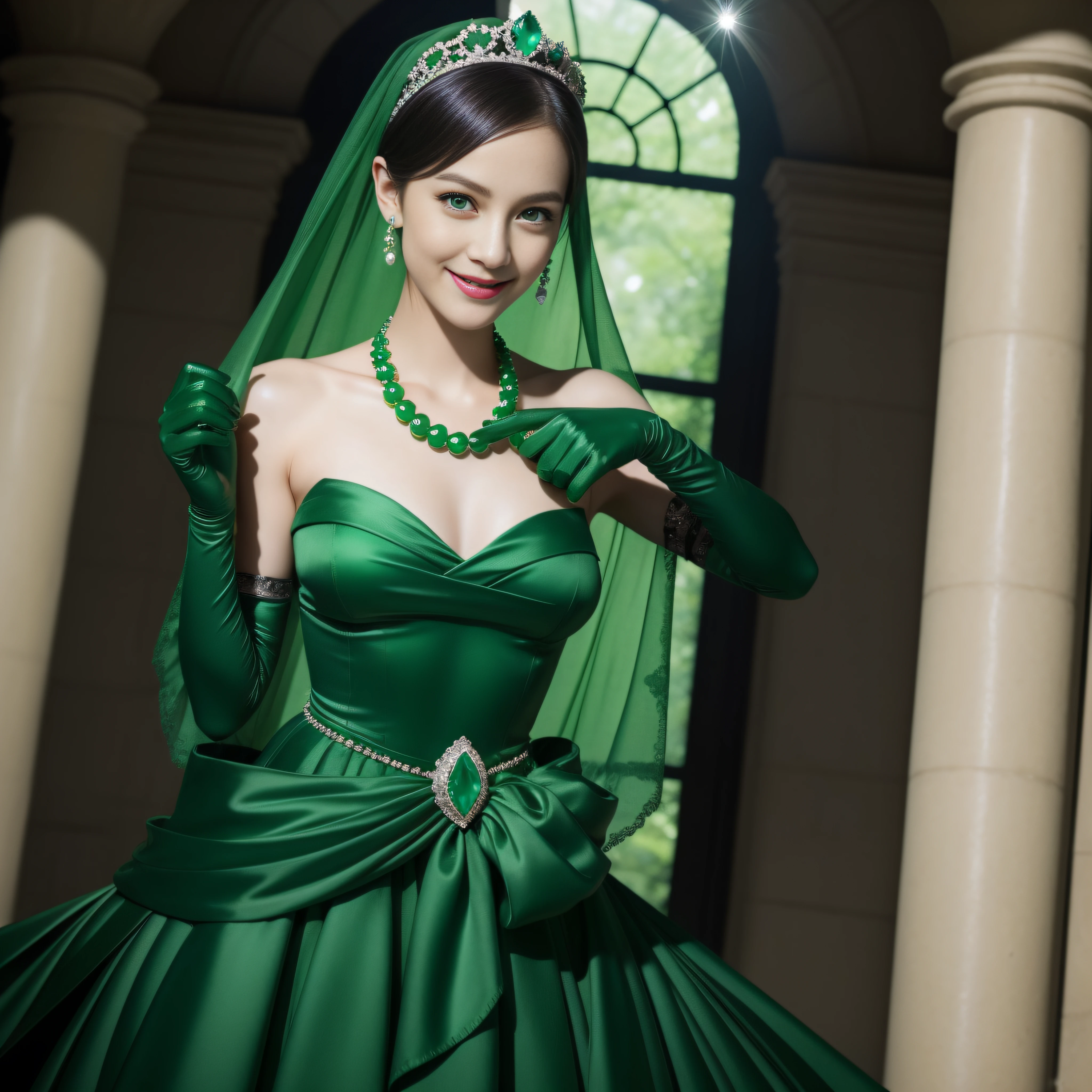 emerald tiara, Green Pearl Necklace, Boyish very short black hair, lipsticks, Japan woman smiling, very short short hair, big breasts beautiful, Green eyes, Long green gloves made of satin material, Green eyes, Emerald Earrings, The tattoo