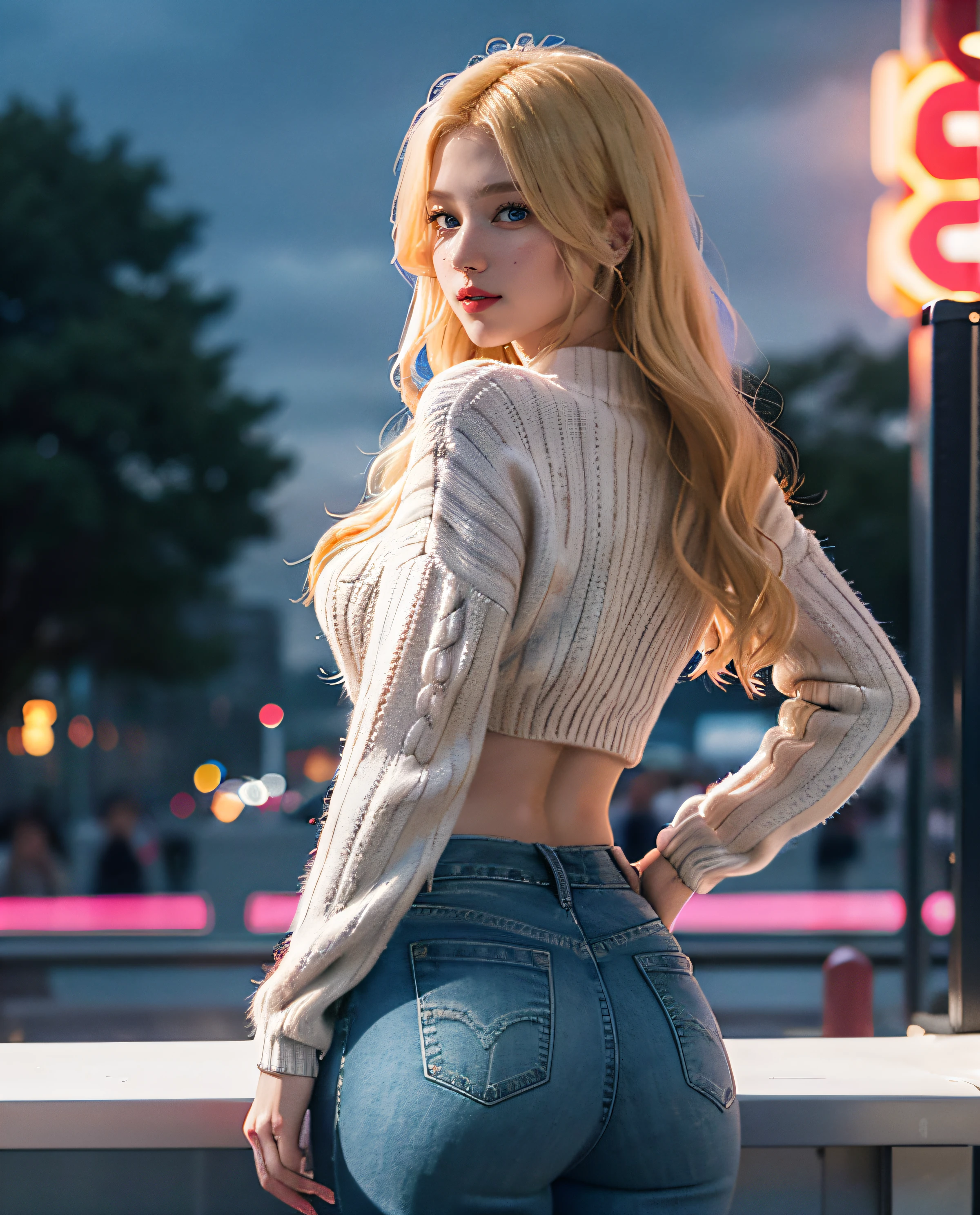 1girl, (Blue Eyes), smiling, (Sana Minatozaki), wide hips, Big Boobs, big ass, (Best Quality, 8k, Masterpiece: 1.3), perfect hands, Clear Focus: 1.2, Perfect Body Beauty: 1.4 , Slender Abs: 1.2, Highly detailed face and skin texture, detailed eyes, double eyelids, red lips, (blonde long hair), (very long sweater), tight jeans, standing, dynamic pose, look back, in an amusement park at night illuminated by the lights of the games, Colored lights, deep on field