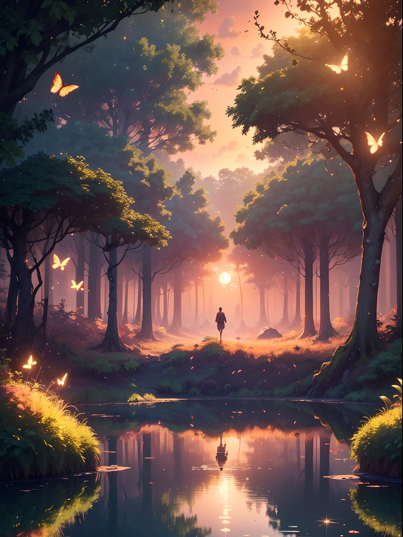 A masterpiece, the best quality, stunning reflections, the best reflections ever. (very detailed CG unity 8k wallpapers), (best quality), (best illustrations), (best shadows), 
natural elements. sun is setting over a tranquil lake, quiet streams, glowing red hues across the sky, The clouds are illuminated in shades of pink and purple, with fireflies and glowing particle effects, A single tree stands tall on the horizon, (natural elements), (jungle theme), (leaves), (twigs), (fireflies), butterflies, (delicate leaves), (glow), (particle effects), Isometric 3D, Octane Rendering, Ray Traced, Super Detailed