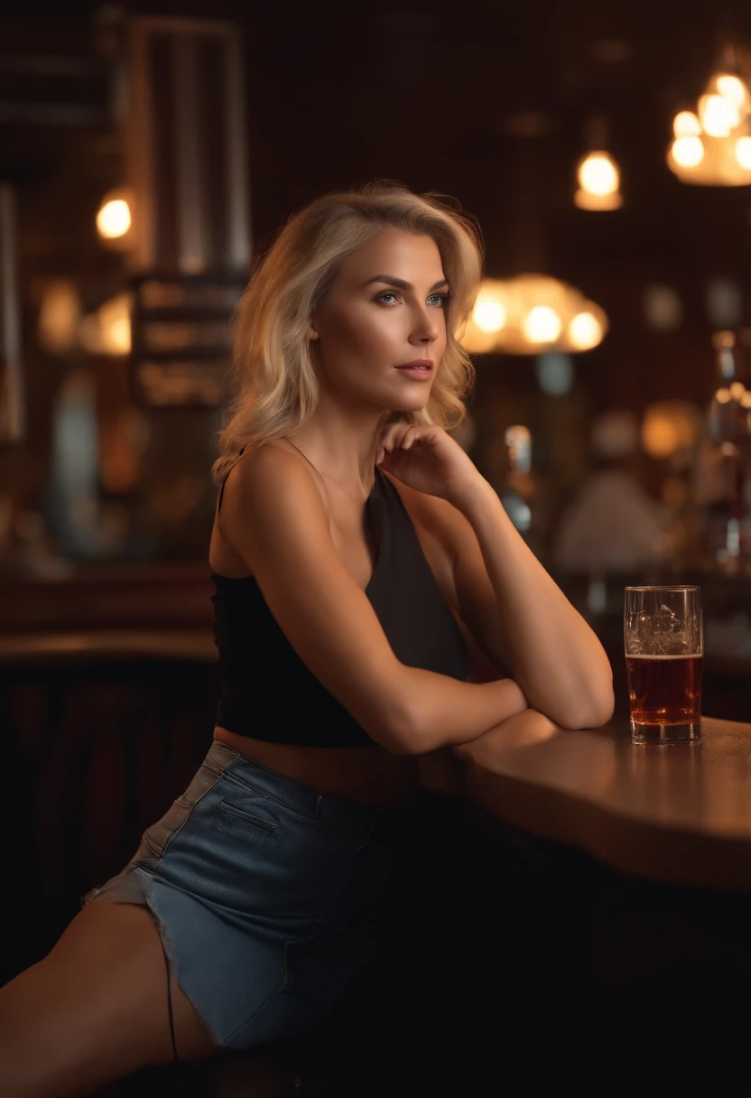 blonde woman, 25 years, Short outfit, Realistic, sitting at a bar, looking forward, Realistic, 4k, HD.