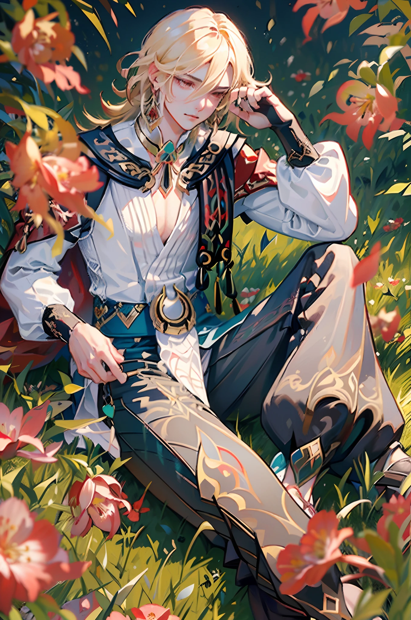 Vintage Victorian style, Precise old botanical encyclopediaб vintage illustrations, (masterpiece, best quality), 1 mature male, blond hair, red eyes, ((black pants)), feather hair ornament, white shirt with red details and embroidery, 1man solo, outside, ((laying on a grass with red bell flowers)), Fritillaria Imperialis red flowers